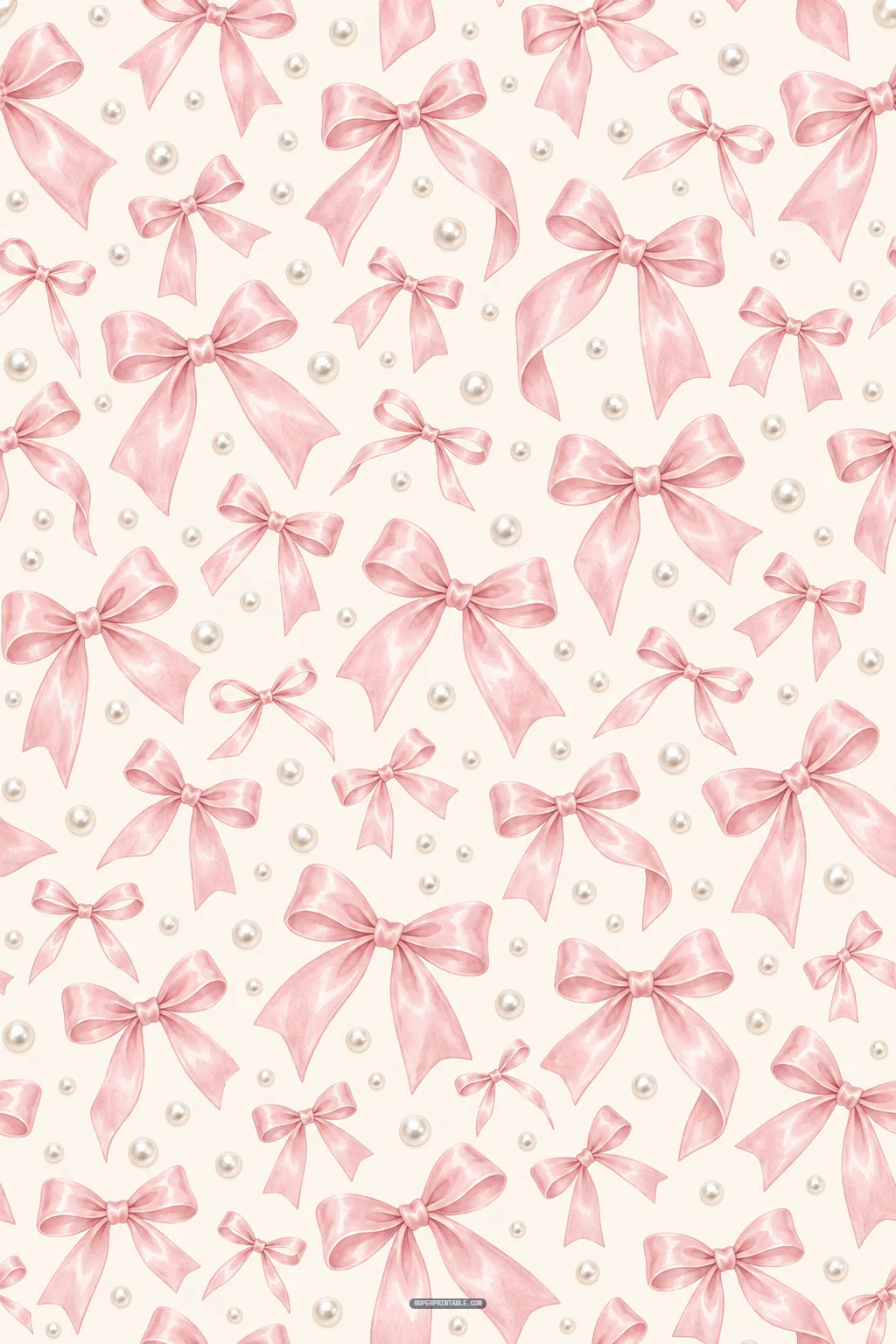 Delicate pink satin ribbon bows and lustrous ivory pearls scattered across an off-white cream backdrop