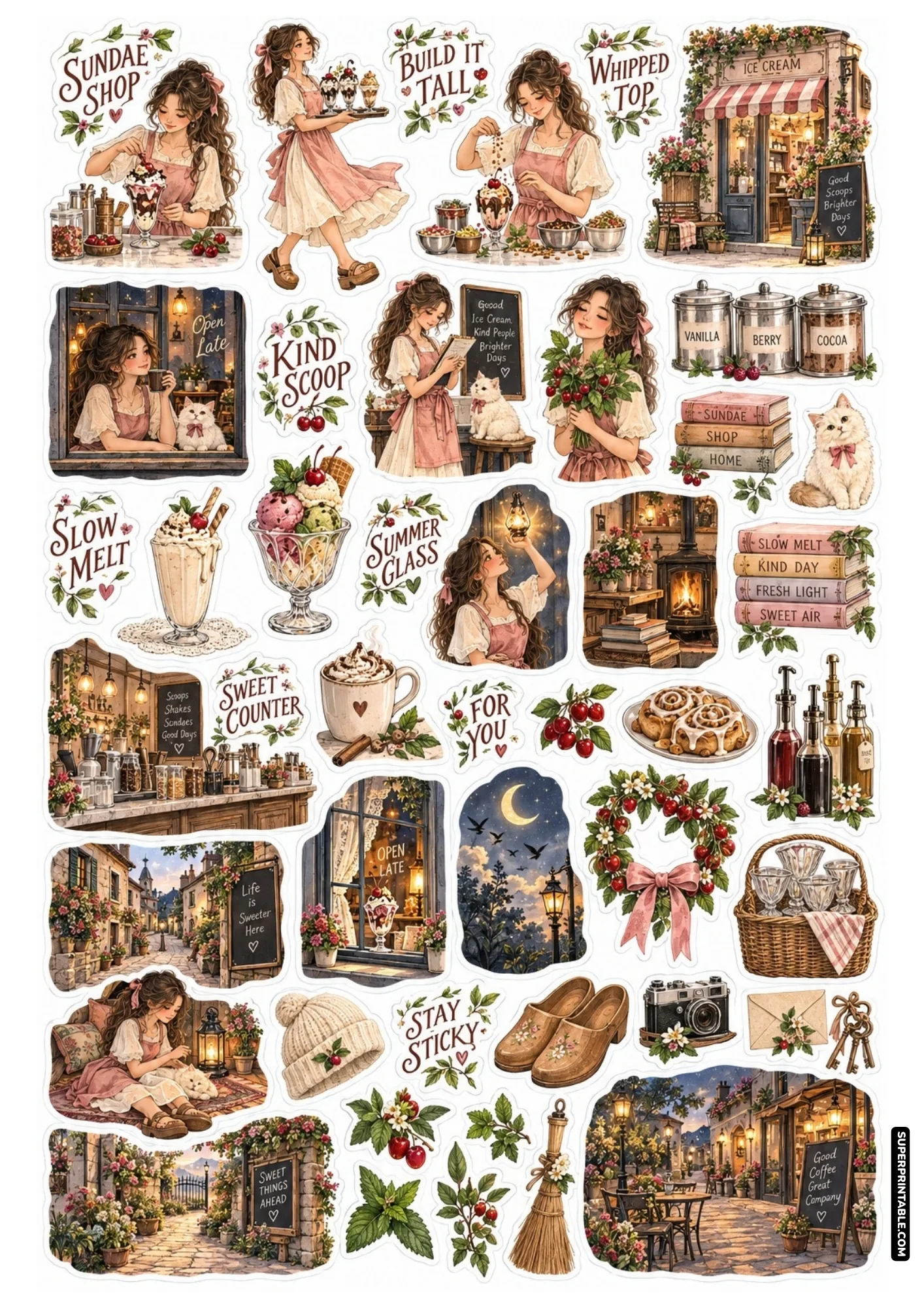 Whimsical pink sundae parlor stickers with whipped dessert bowls, milkshakes, shop fronts, and fluffy cats.