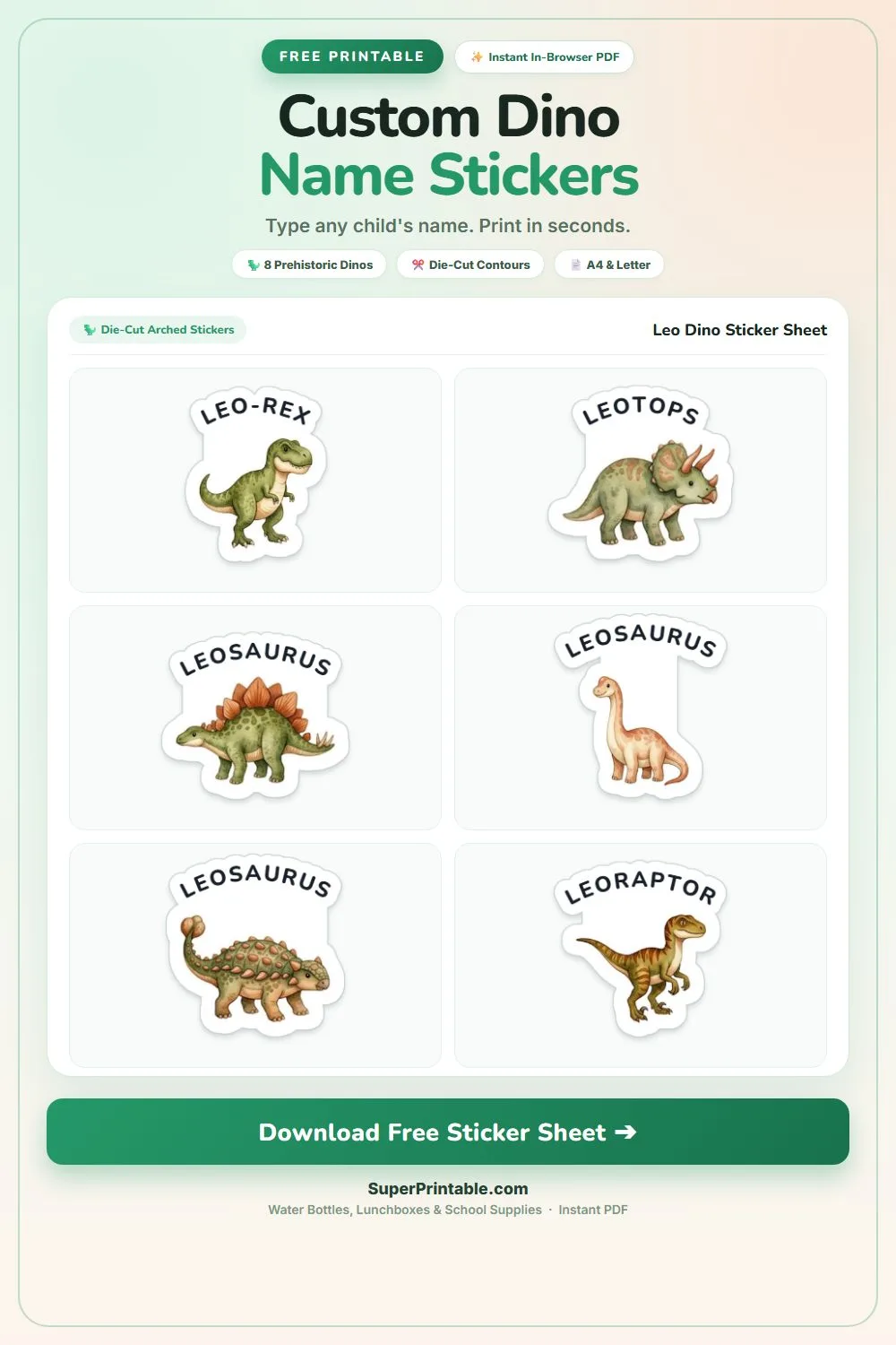 Turn any child's name into a dinosaur nickname like Leosaurus or Leo-Rex! Customize 8 arched die-cut sticker designs and download your instant free PDF.