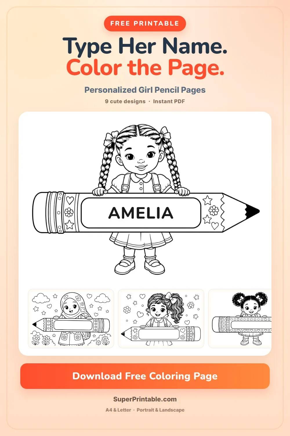 Name Personalised Girl Holding Pencil