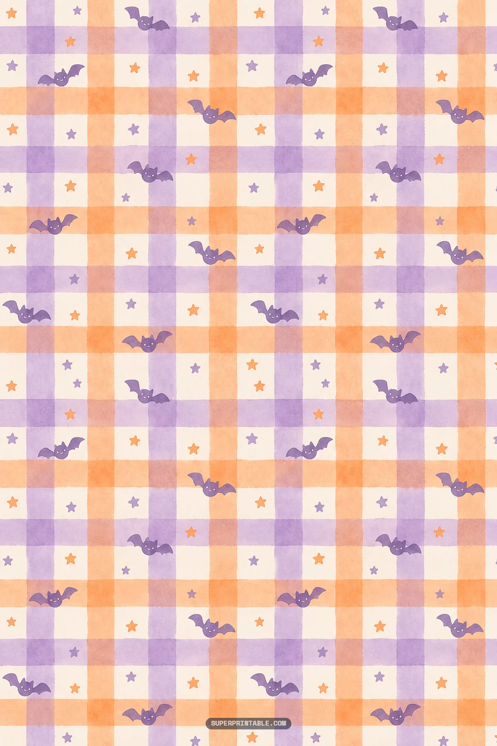 Pastel orange and lavender plaid gingham pattern adorned with tiny smiling purple flying bats