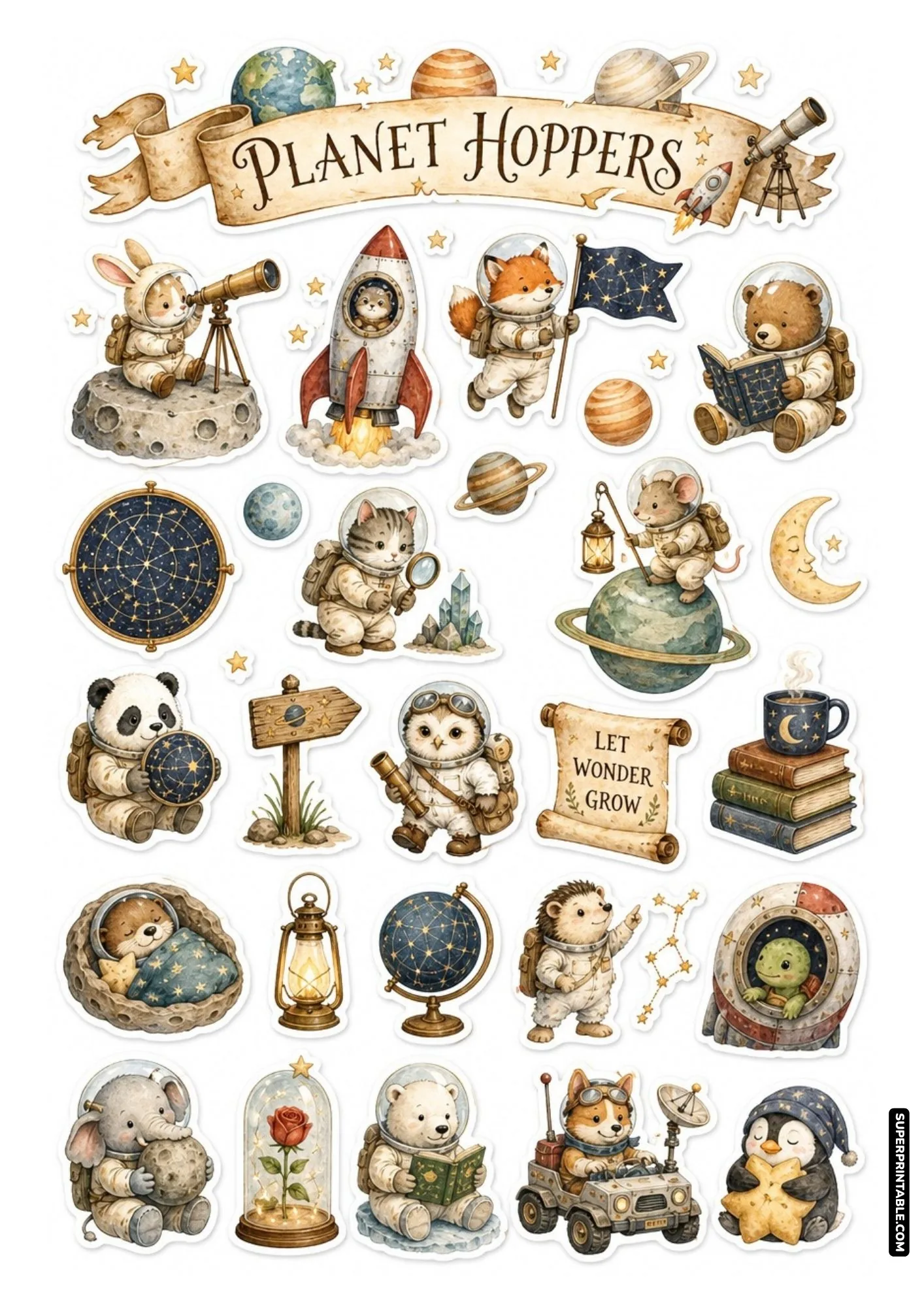 Sticker collection of astronaut animals hopping across planets, moon buggies, and rocket ships.