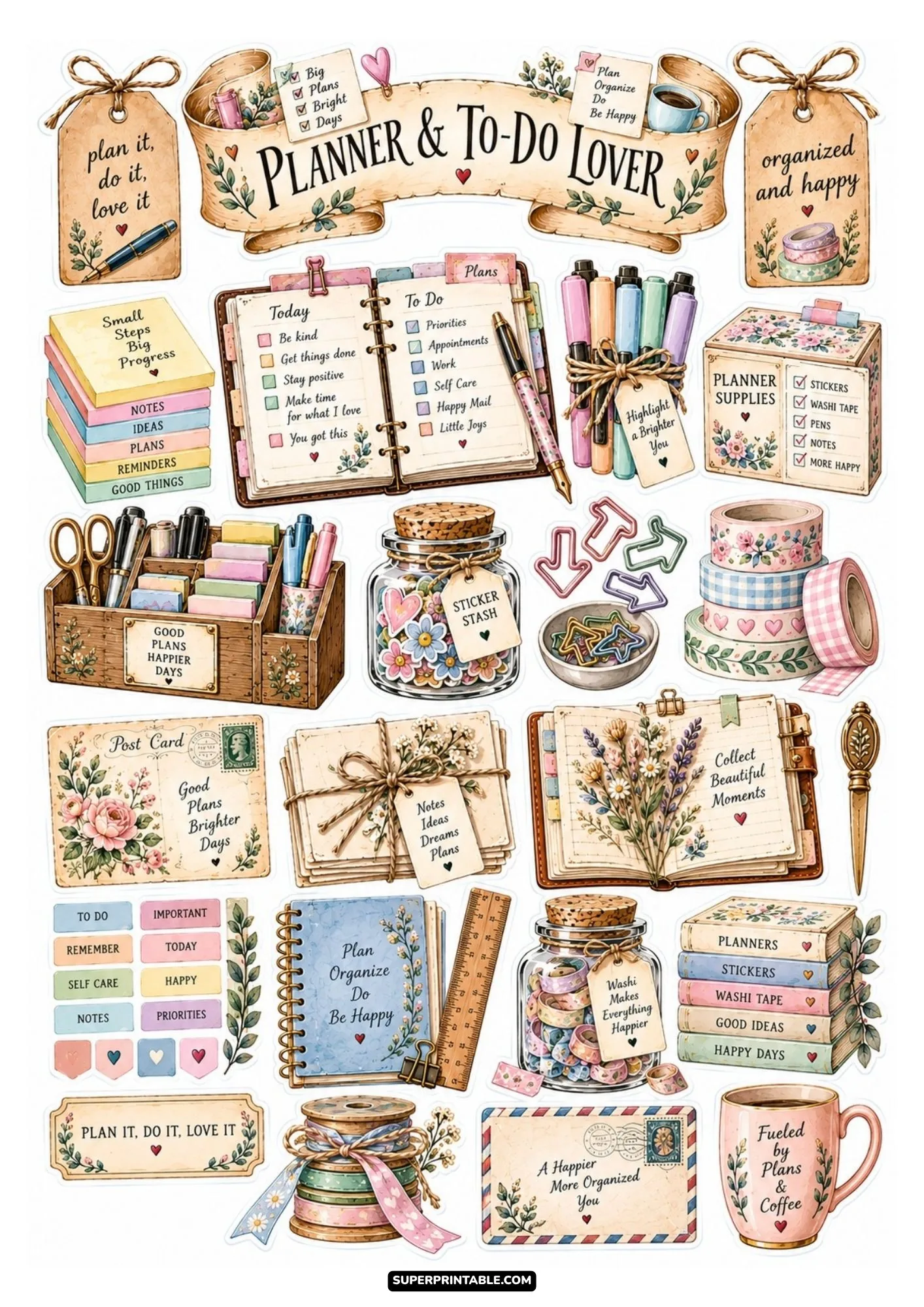 Planner and to-do list sticker sheet with open ring binders, highlighters, sticky notes, and warm coffee cups.