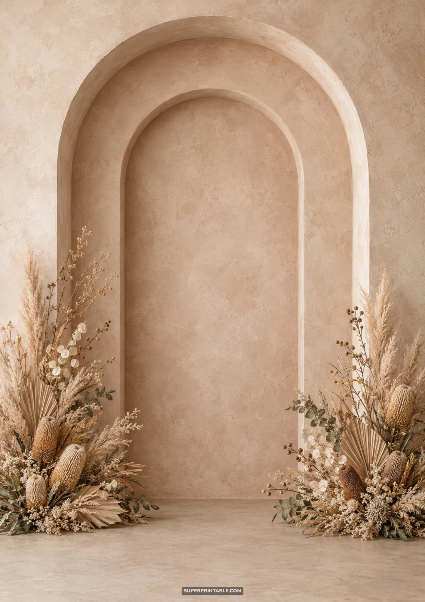 Minimalist architectural plaster arch flanked by lush dried botanical and floral installations.