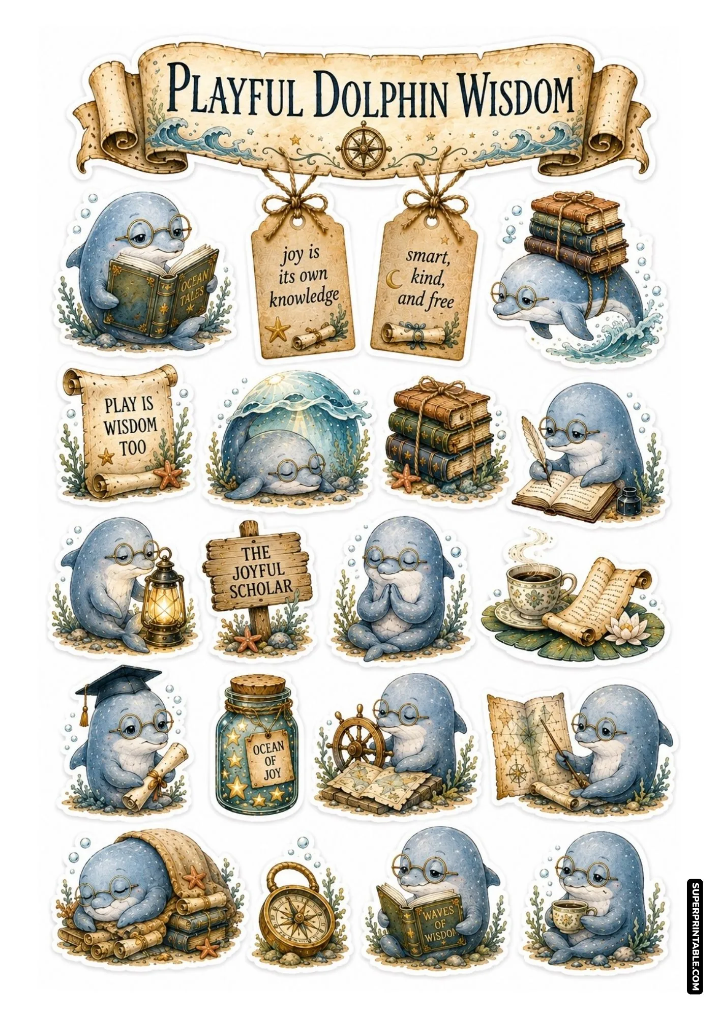 Playful dolphin sticker sheet featuring intelligent blue dolphins with round glasses, books, and ocean wave accents.