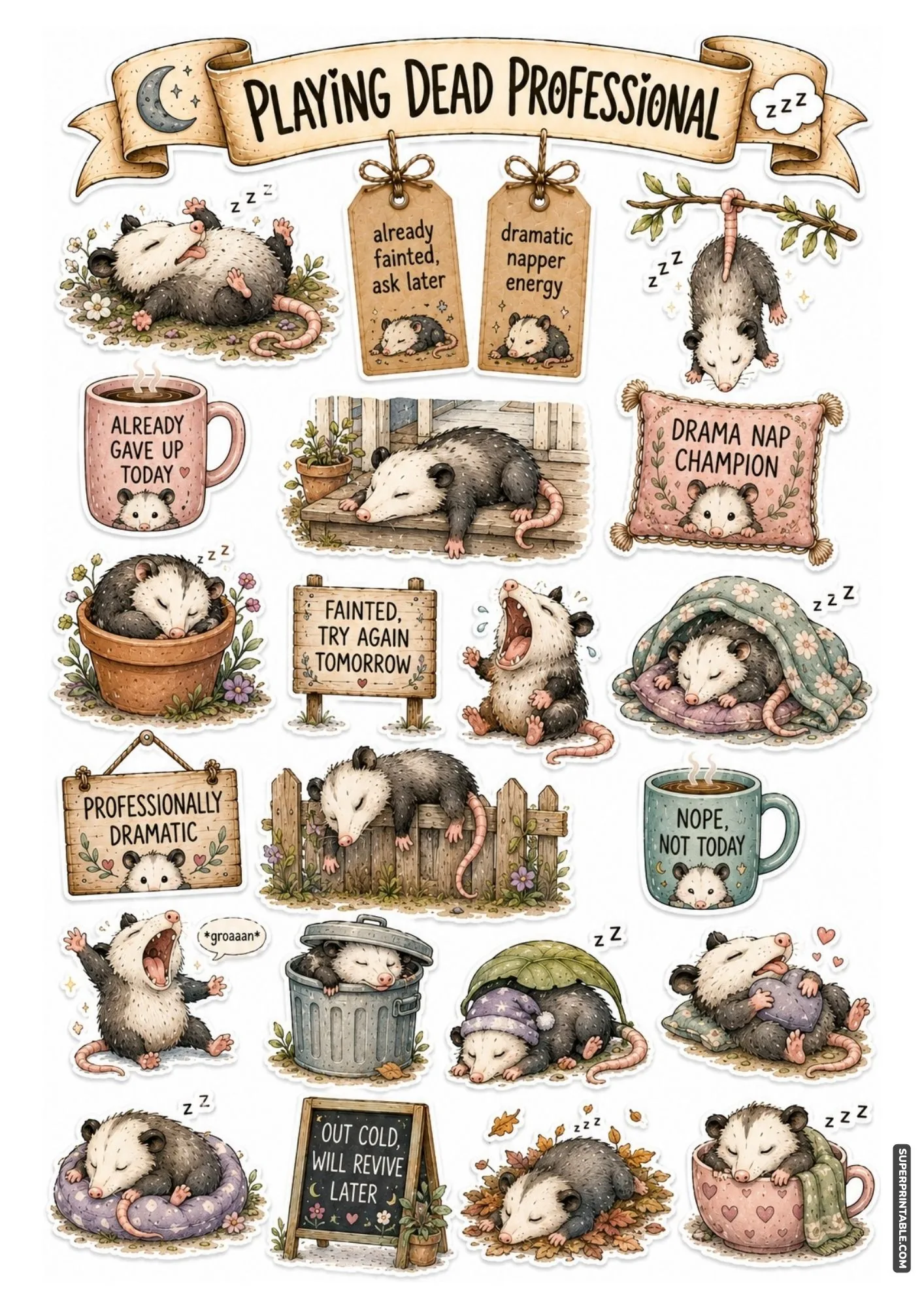 Humorous opossum sticker printable with funny playing dead quotes and sleeping possums in trash cans.