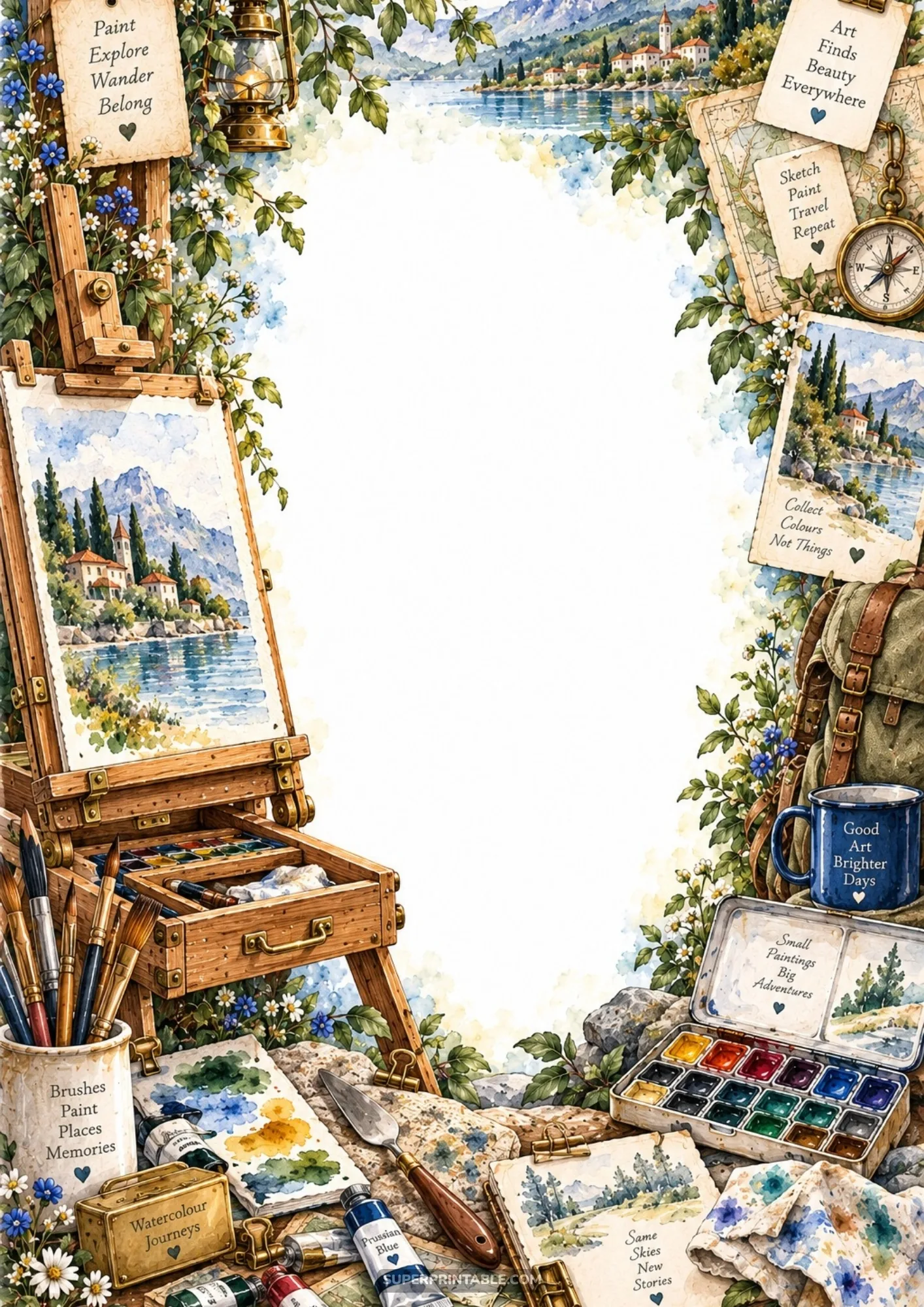 Printable watercolor art border pages featuring a wooden field easel, watercolor tin, and lake landscape.
