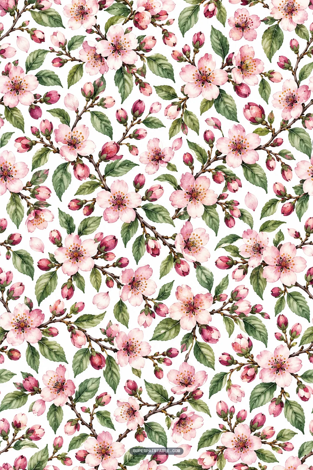 Lush pink plum blossoms, leafy branches, and floral buds creating a dense spring canopy
