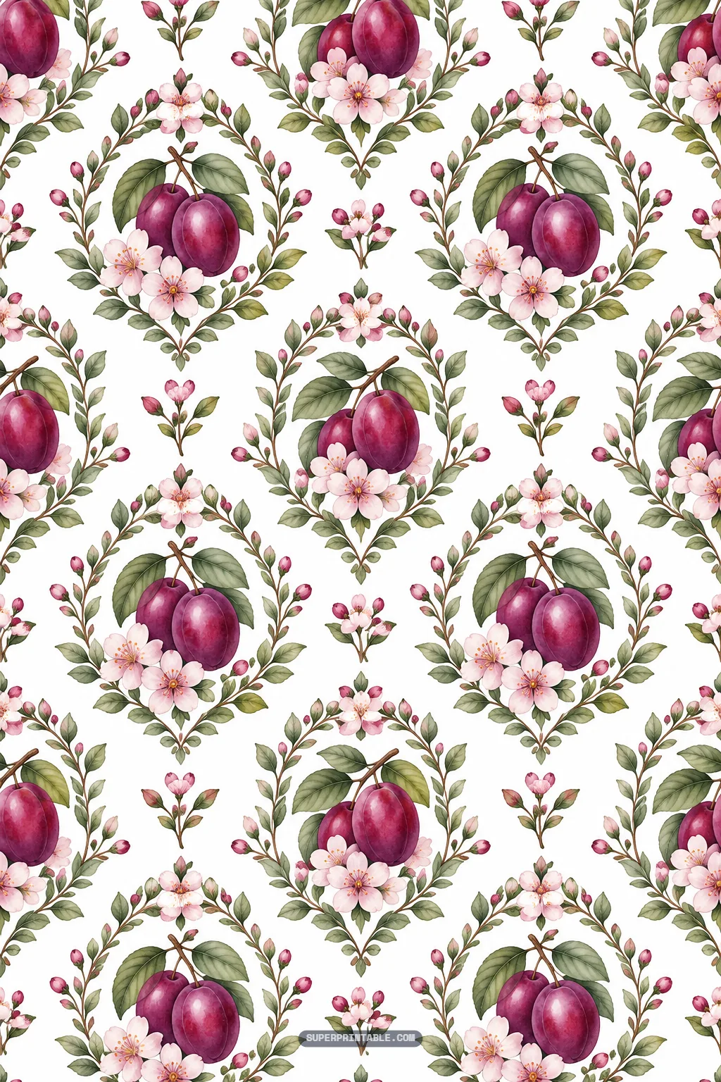 Symmetrical purple plum damask wreaths with delicate blossom sprigs on white paper