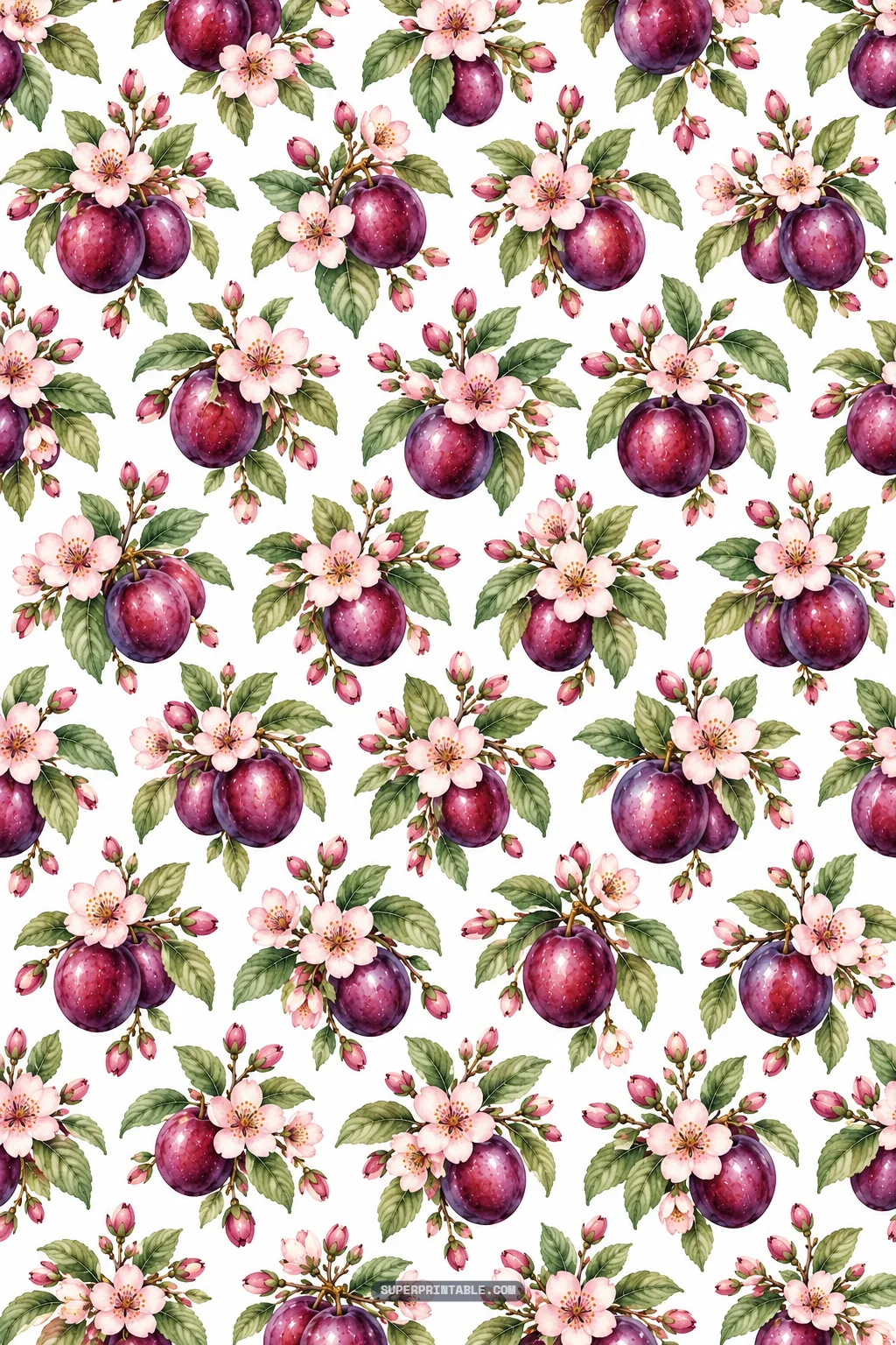 Spaced clusters of watercolor purple plums crowned with fresh pink blossom sprays
