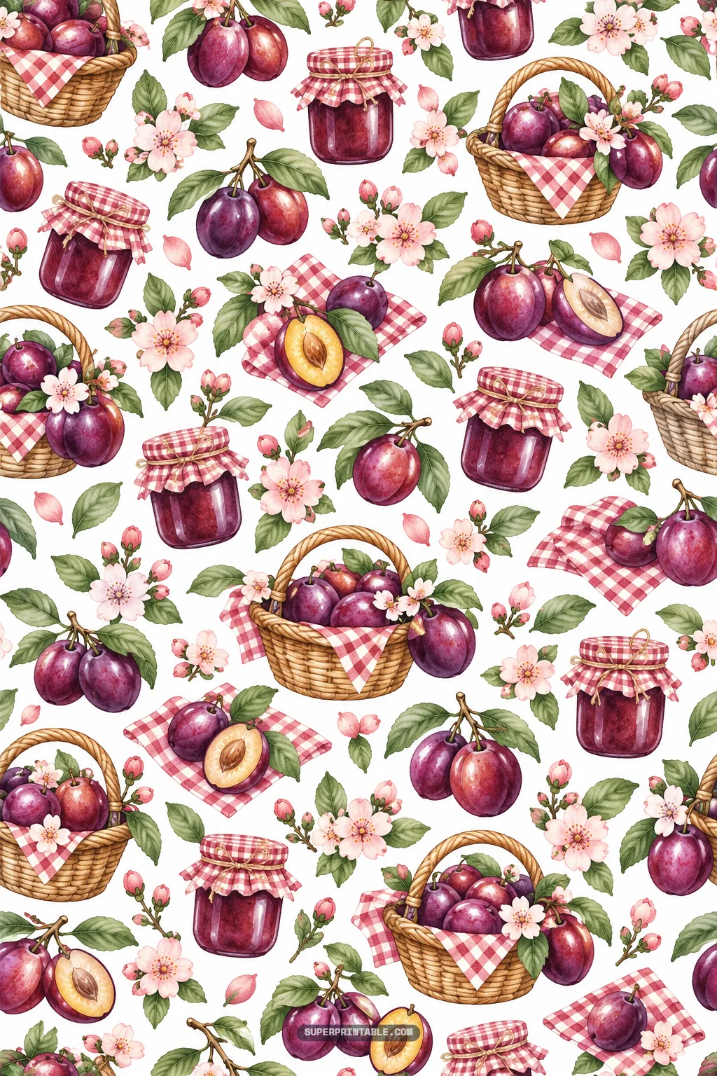 Woven harvest baskets filled with plums, gingham jam jars, and floral sprigs on white