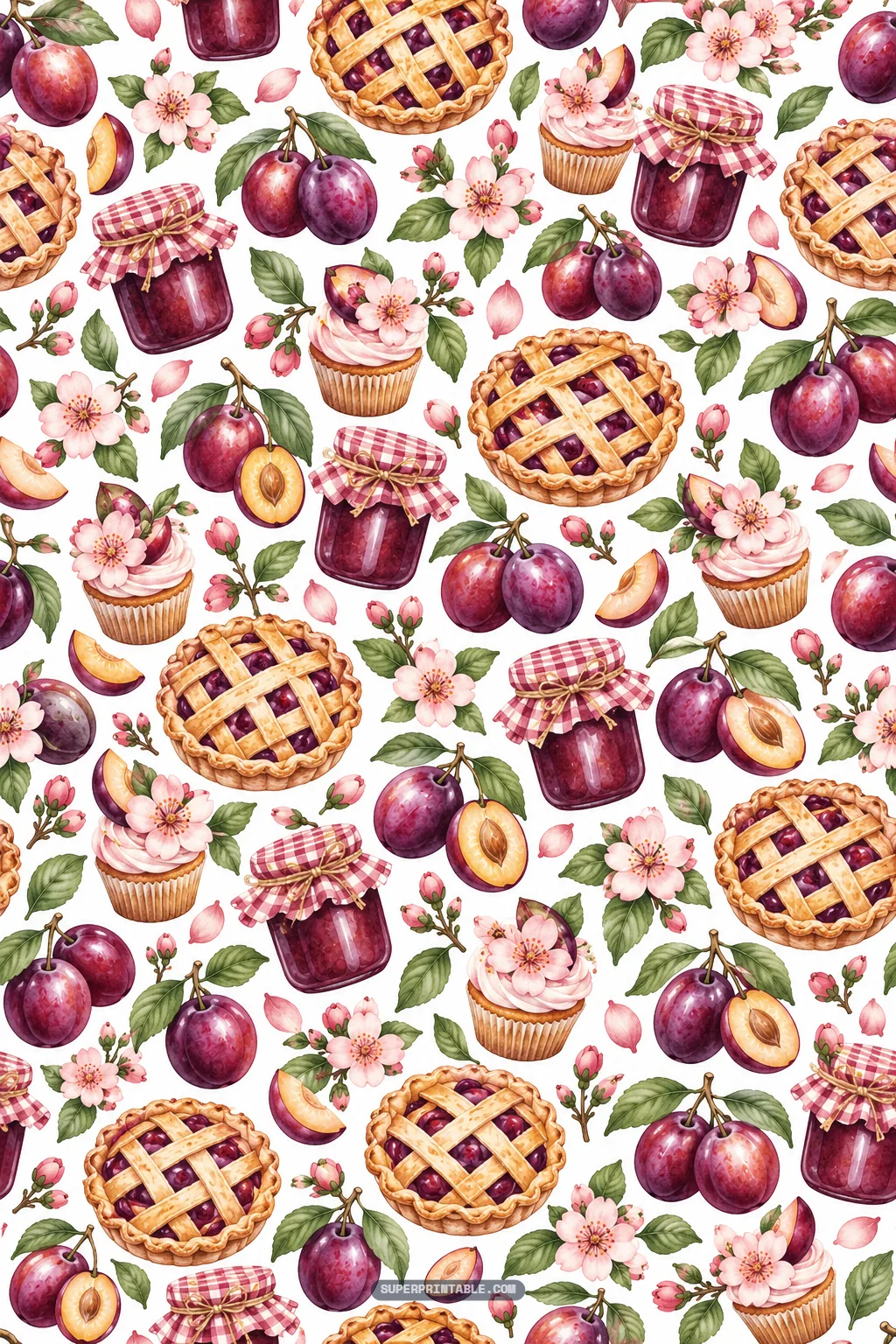 Artisanal plum lattice pies, frosted cupcakes, and gingham preserve jars on white paper