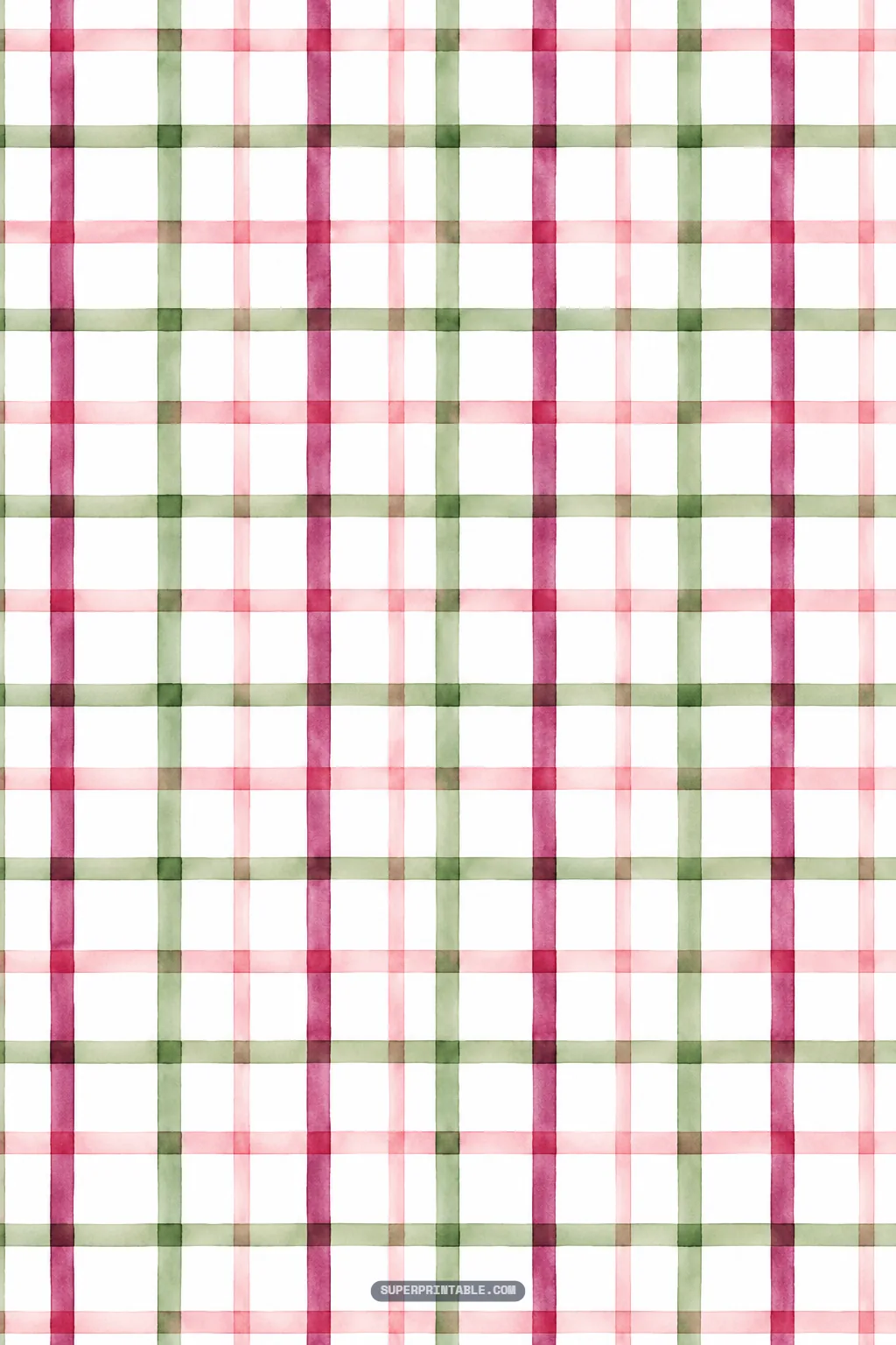 Wide watercolor gingham plaid grid in plum purple, pastel pink, and sage green stripes