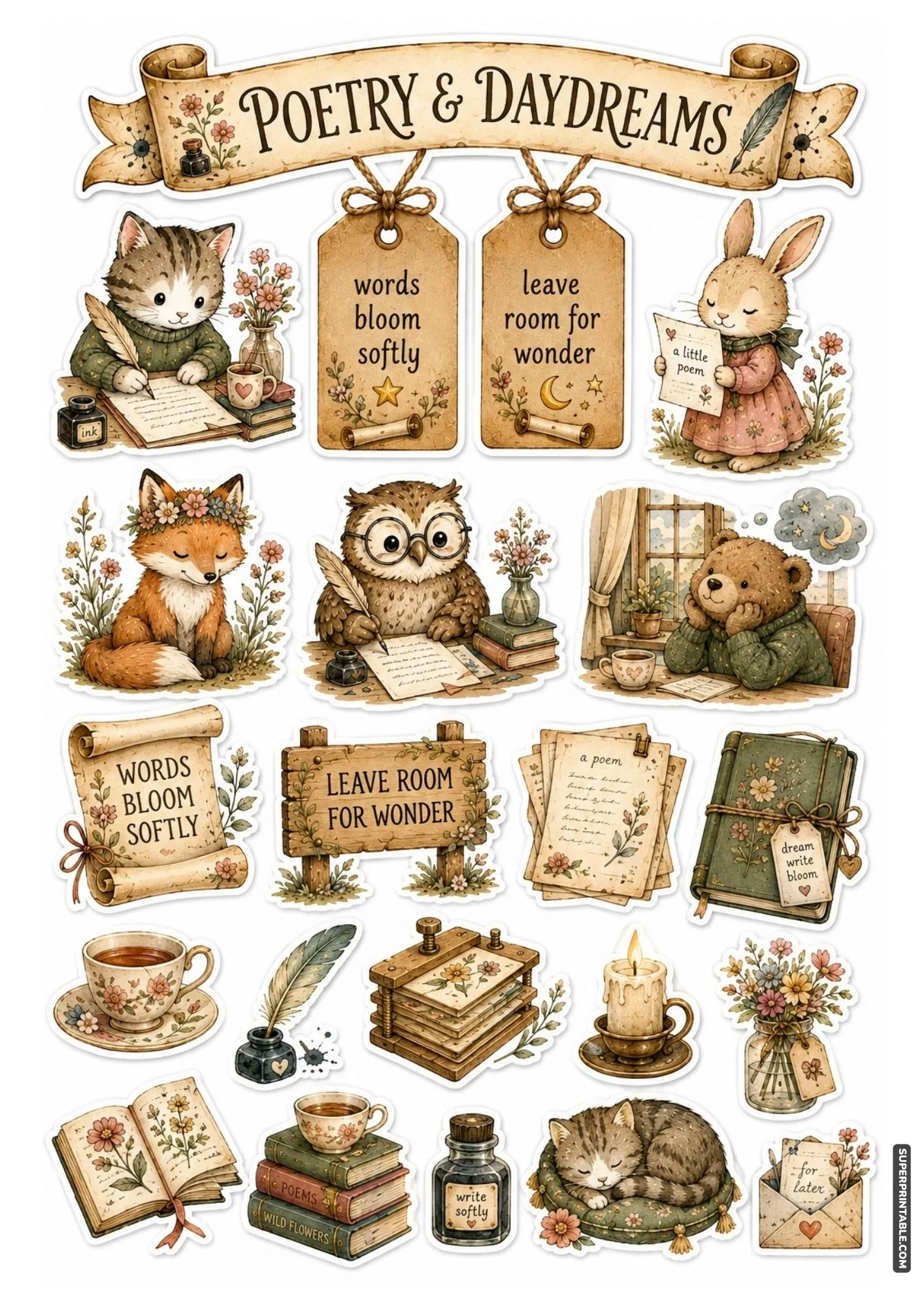Poetry and daydreaming stickers with ink bottles, quills, pressed flowers, and quiet writing moments.