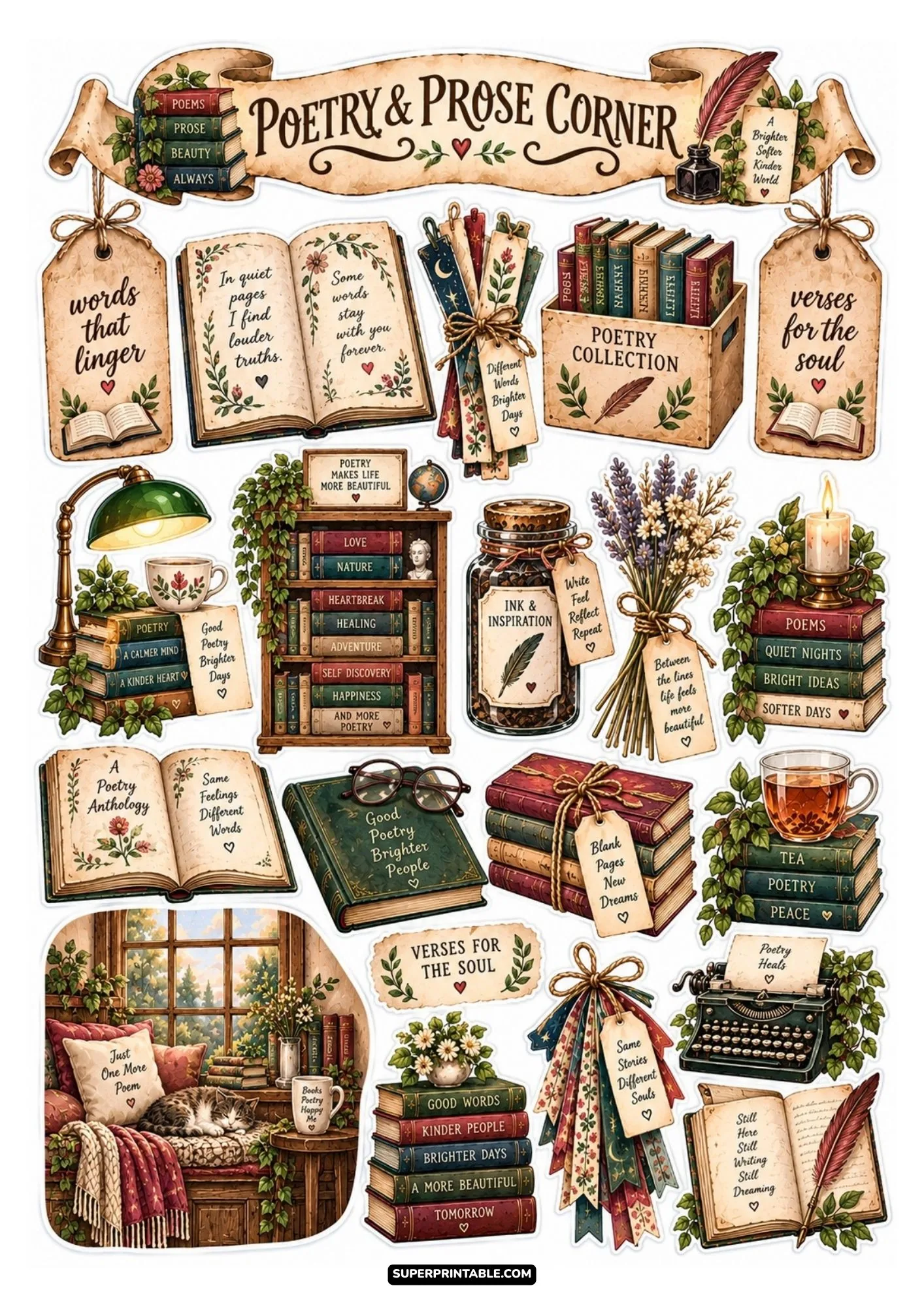 Poetry and prose printable sticker sheet showing open verse books, quills, and candlelit reading stacks.