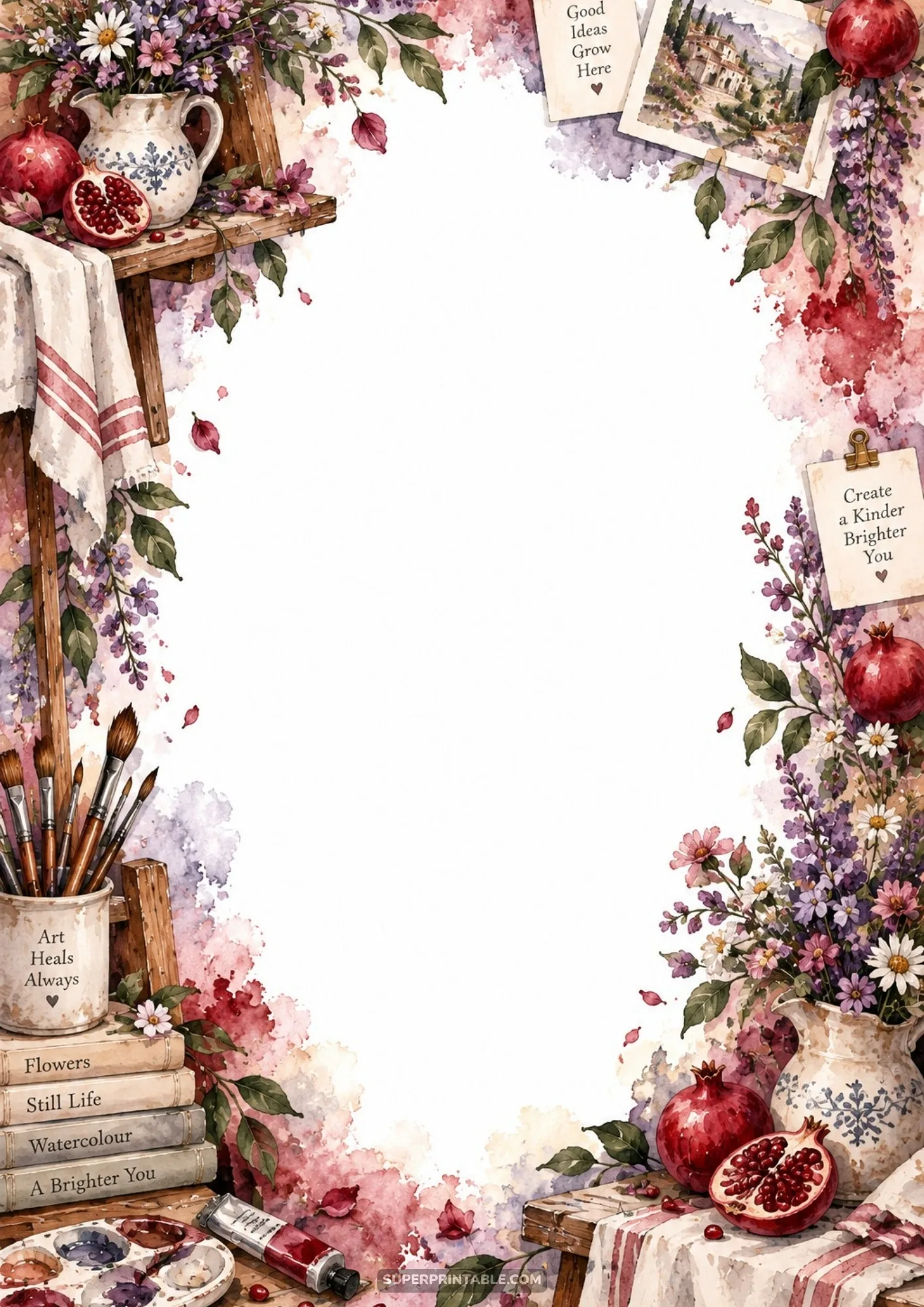 Ripe ruby pomegranates, purple wildflower bouquet in ceramic pitcher, and painter palette stationery border.