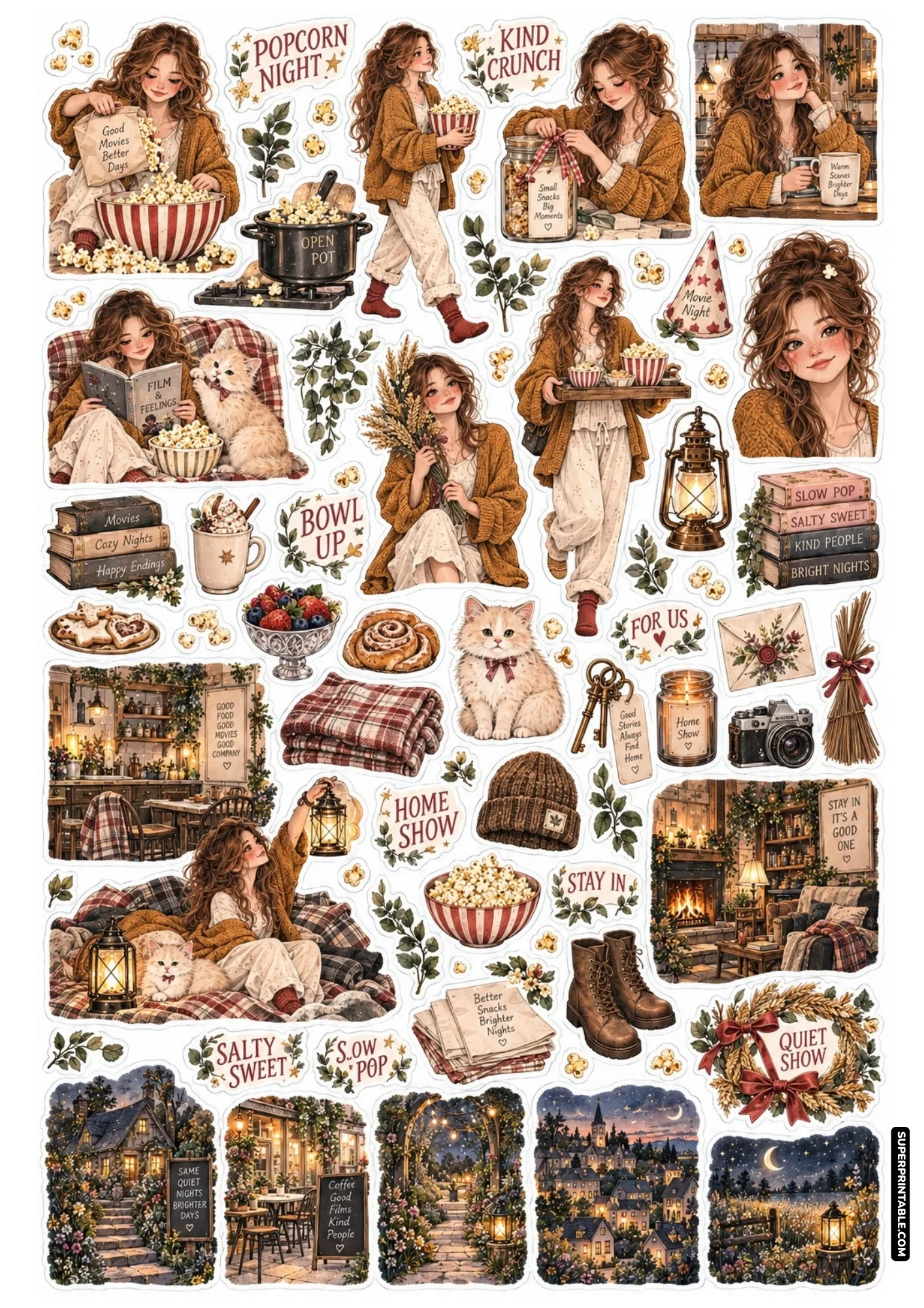 Printable movie night sticker sheets displaying warm brown cardigans, popcorn bowls, fluffy kittens, and baked sweets.