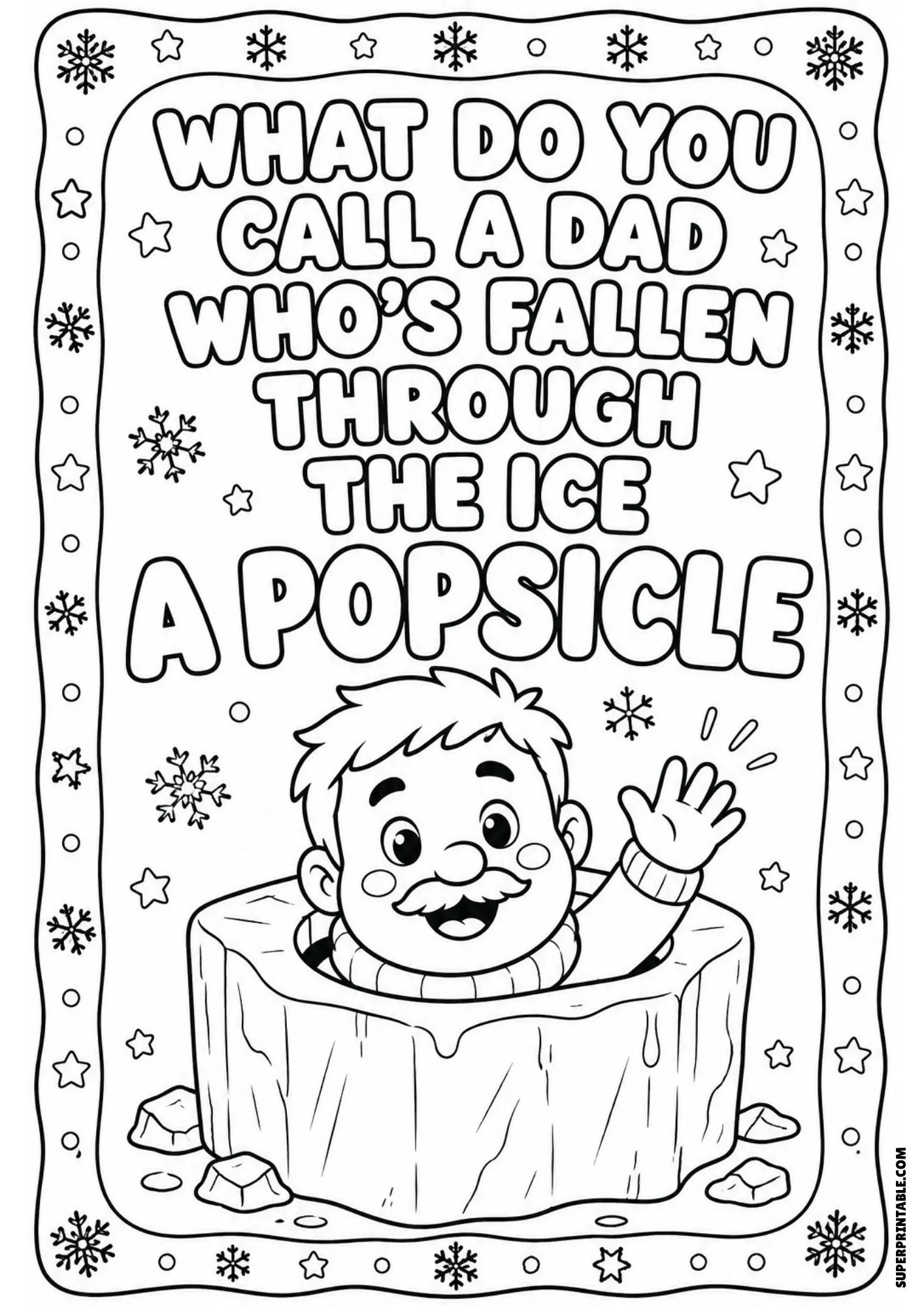Cute popsicle joke coloring illustration showing a dad inside a block of ice.