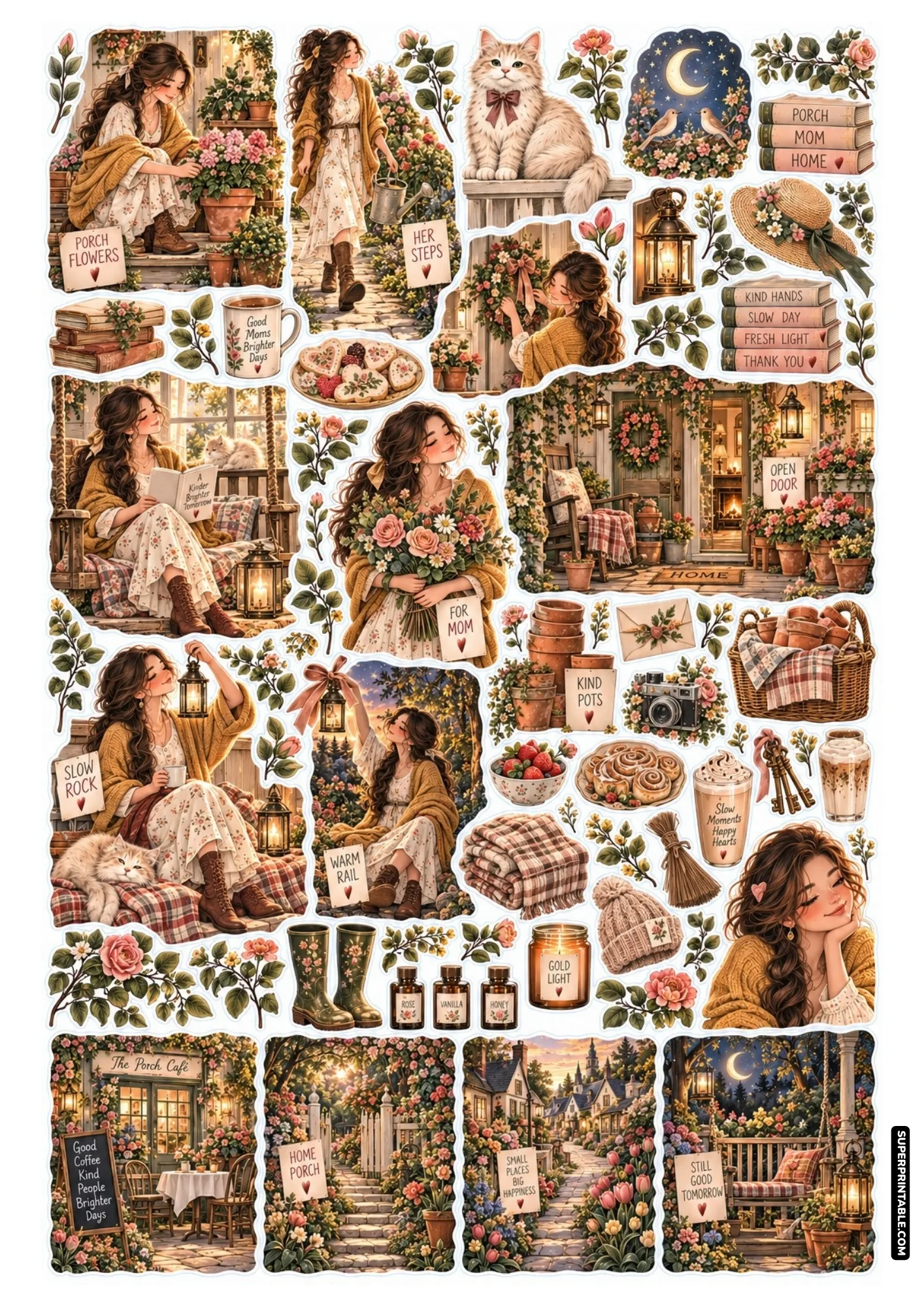 Sunny porch gardening stickers with potted blooms, rustic watering can, comfortable swing bench, and cozy knit sweater.