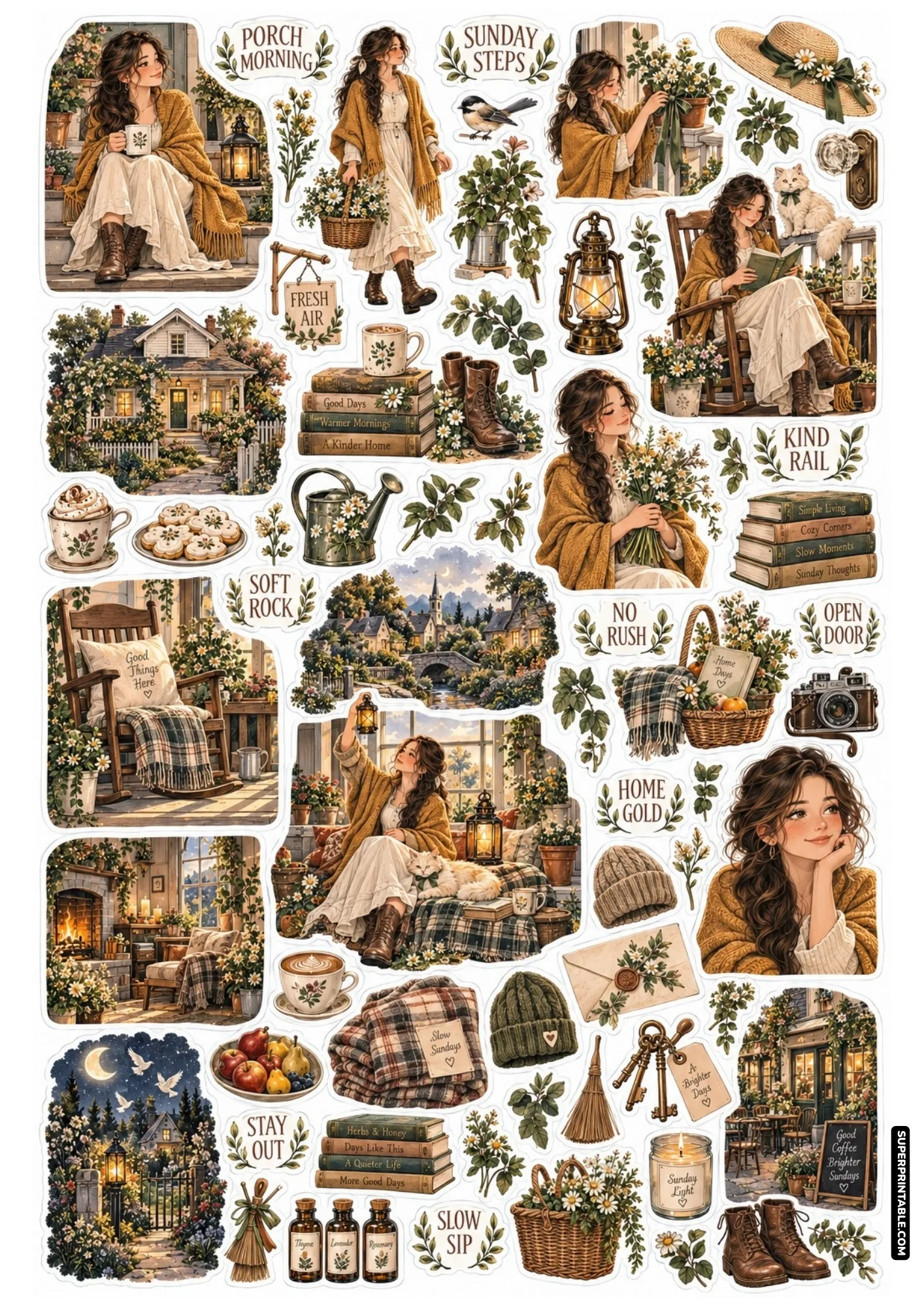 Girl in rocking chair reading on porch veranda with sunday morning sticker sheets for aesthetic planners