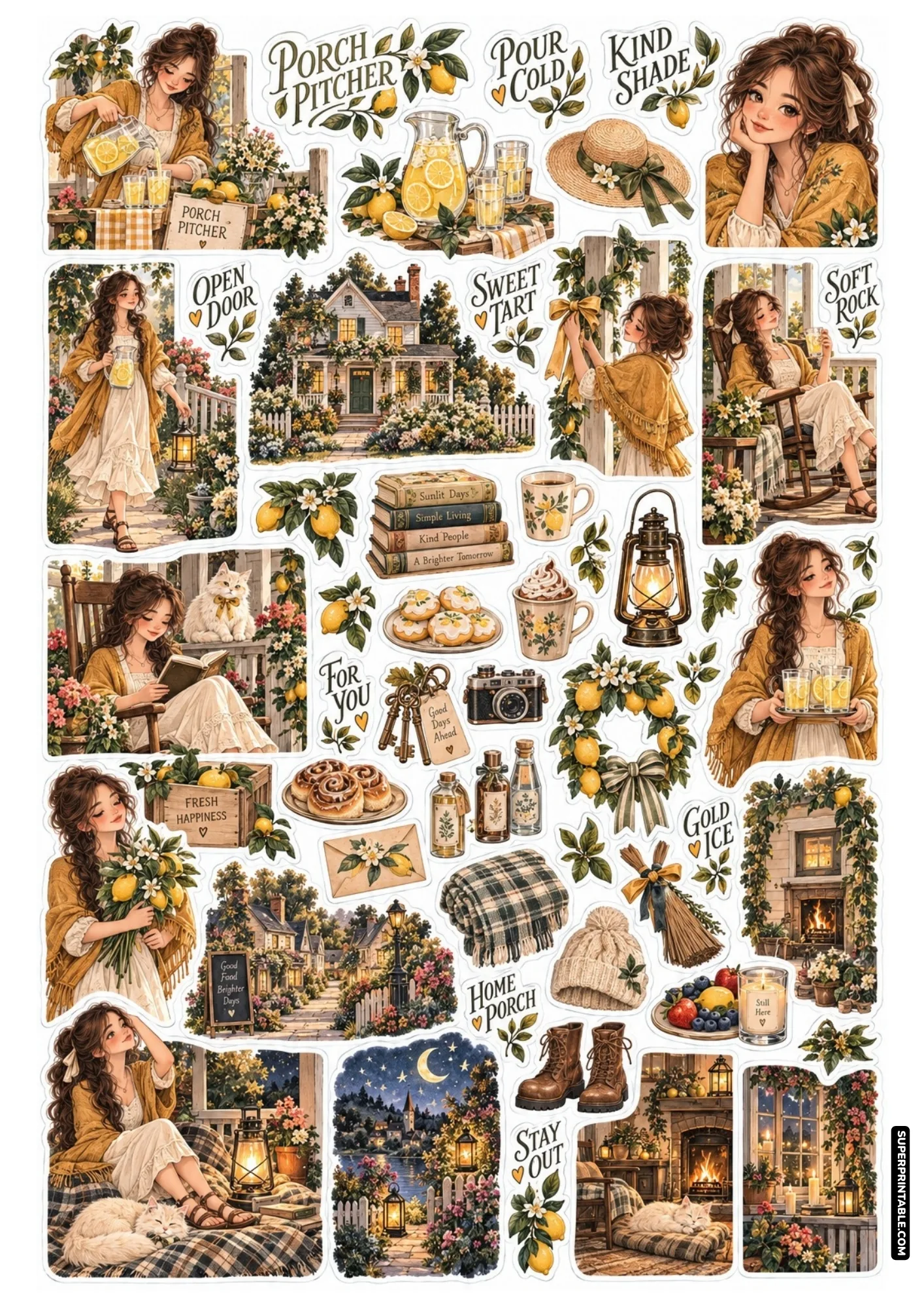 Lemonade stand sticker sheets depicting summer porch drinks, rocking chairs, and peaceful cottage gardens.