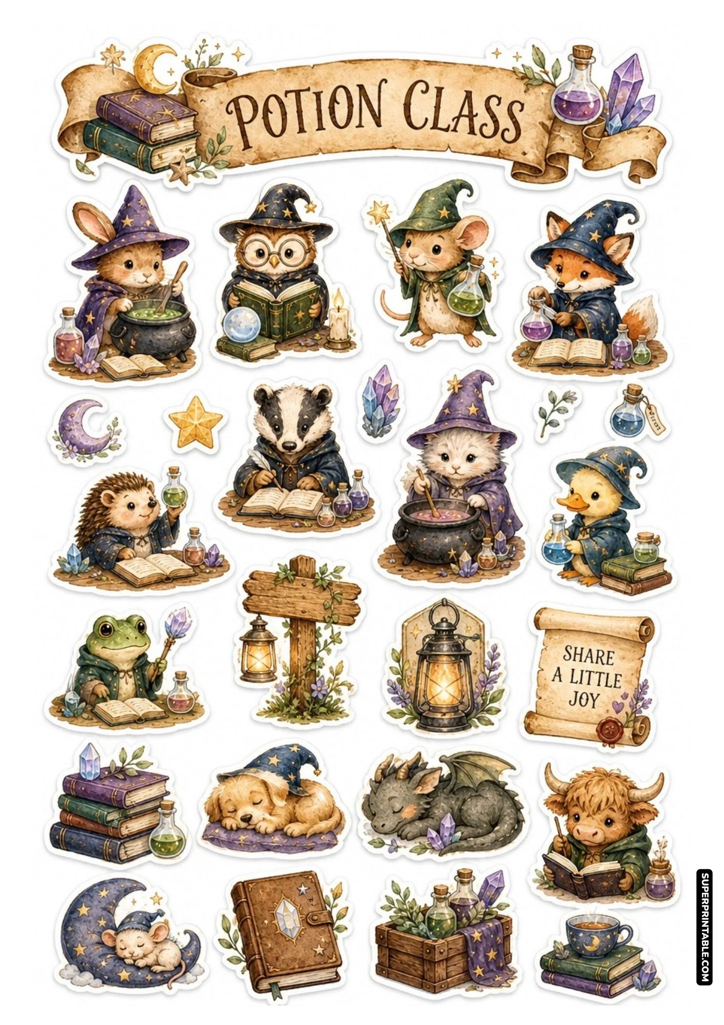 Little wizard sticker sheets featuring cute woodland animal sorcerers stirring cauldrons and reading potion books.