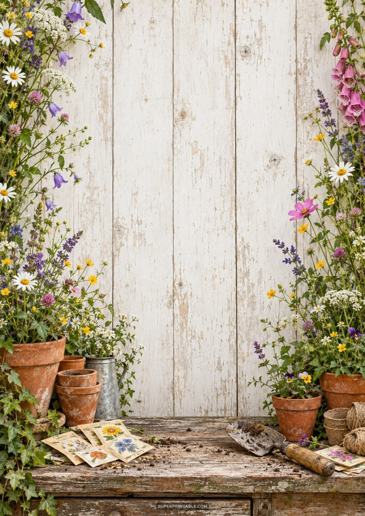 Terracotta pots of colorful wildflowers flanking a weathered white wood wall on a potting bench