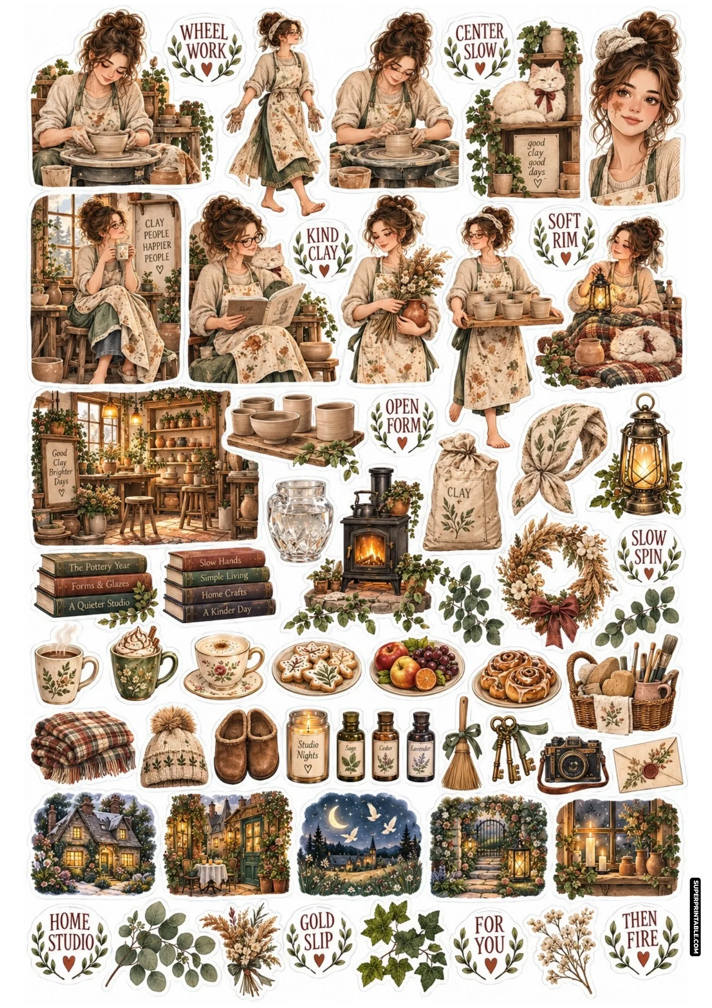 Pottery studio stickers showing an artisan shaping clay on a pottery wheel with cozy rustic craft decor.