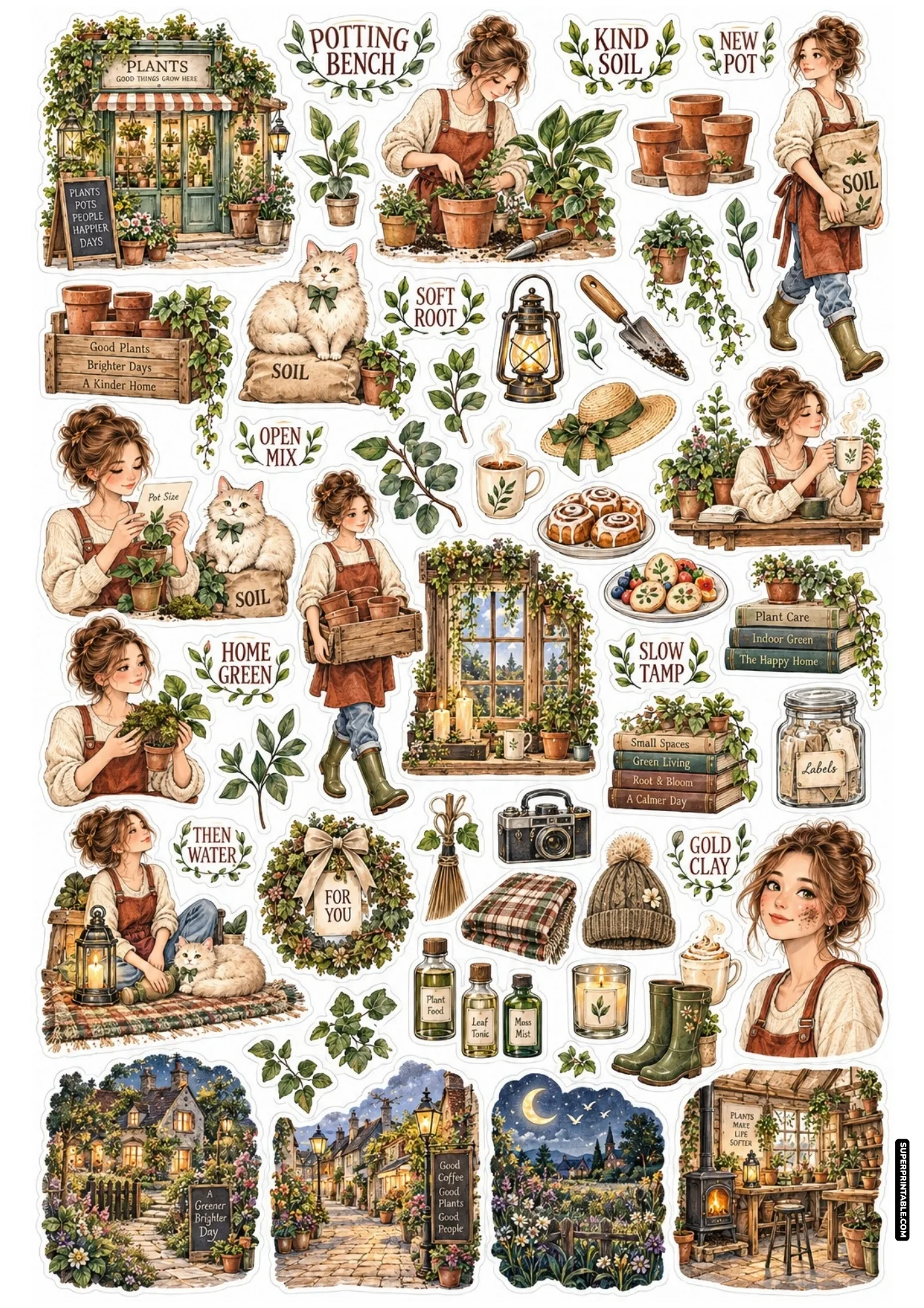 Botanical sticker sheet with a girl repotting houseplants, rustic terracotta pots, gardening soil, and a white cat.