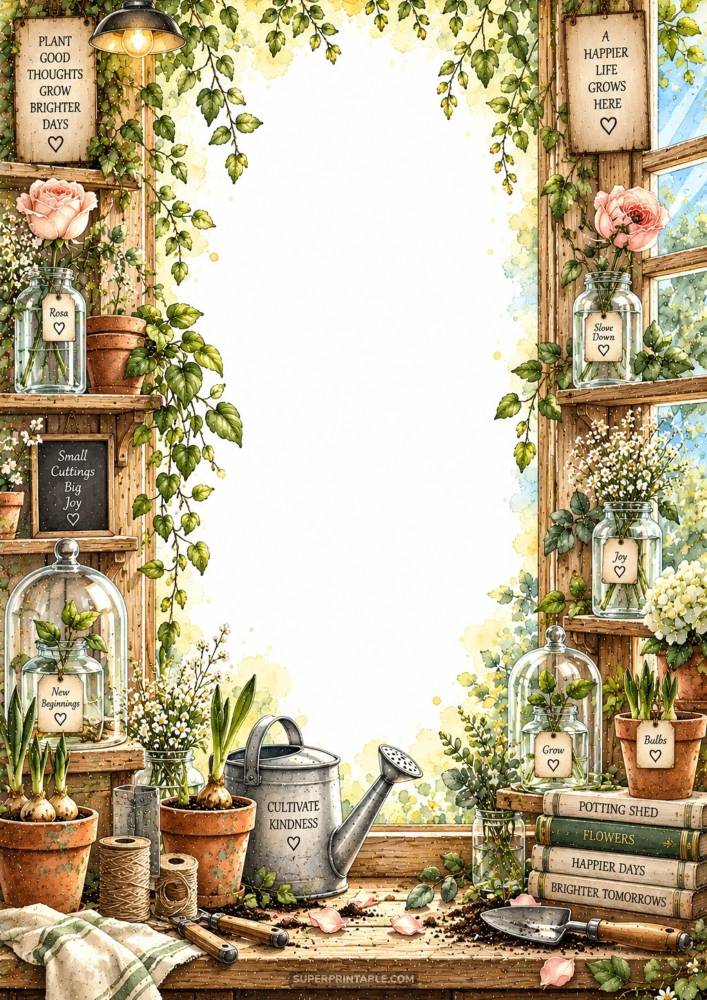 Rustic potting bench with glass bell cloches over botanical cuttings, terracotta pots, and gardening trowel
