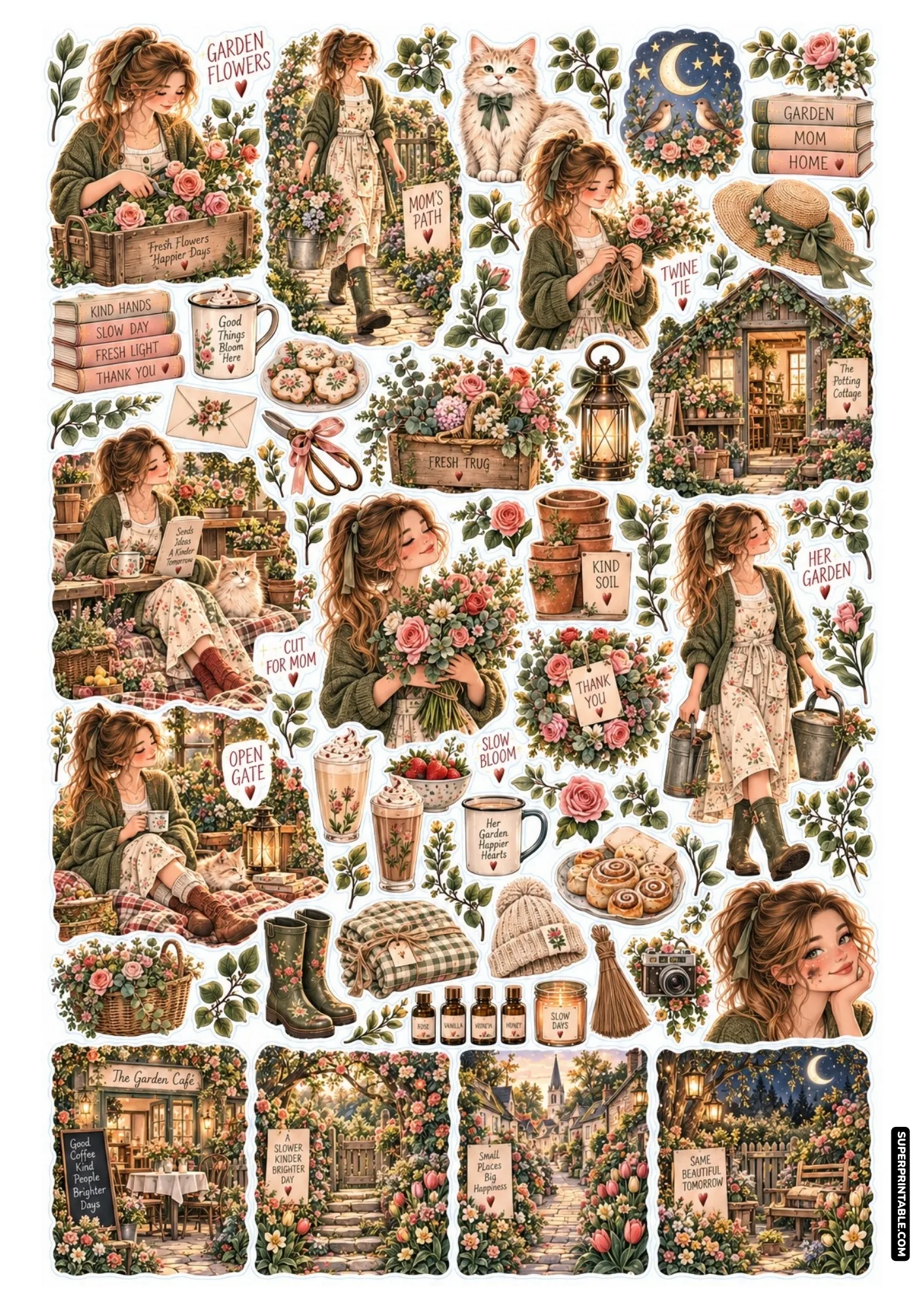 Potting cottage garden stickers featuring wooden flower trug, green rain boots, shears, and floral harvest baskets.