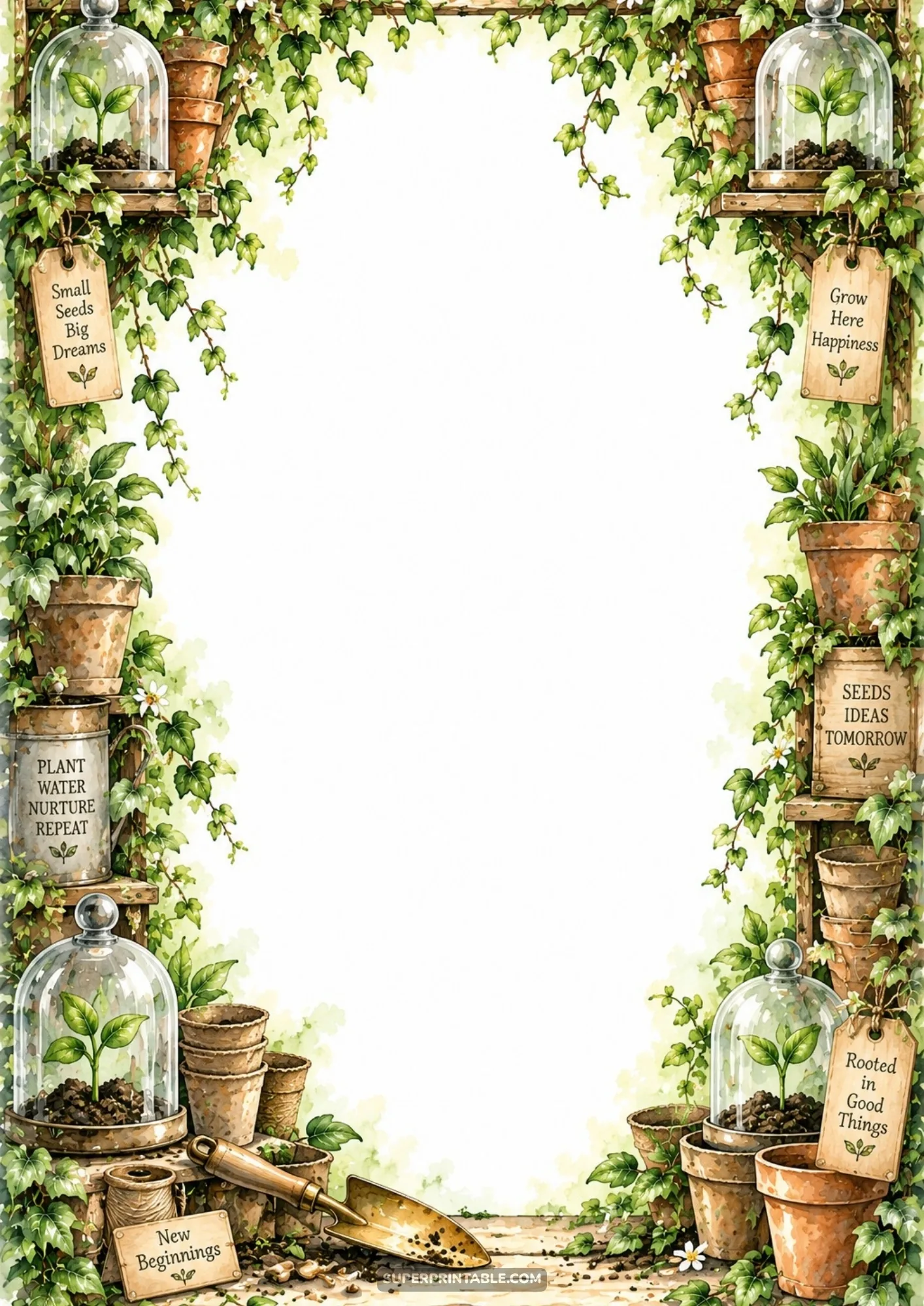 Sprouting green seedlings under glass cloches with terracotta pots and garden tags