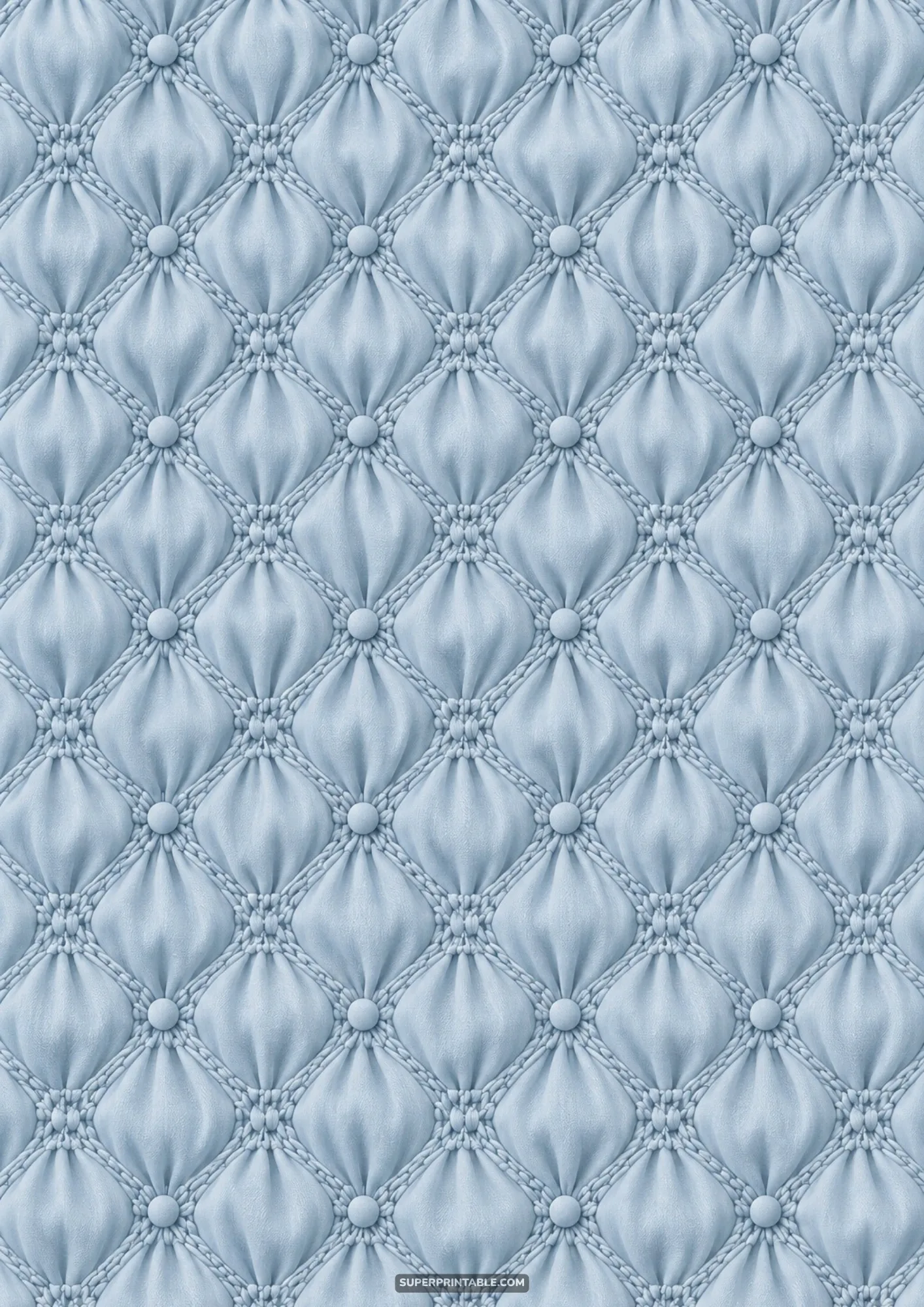 Soft blue tufted satin upholstery pattern with diamond stitched folds and fabric covered buttons