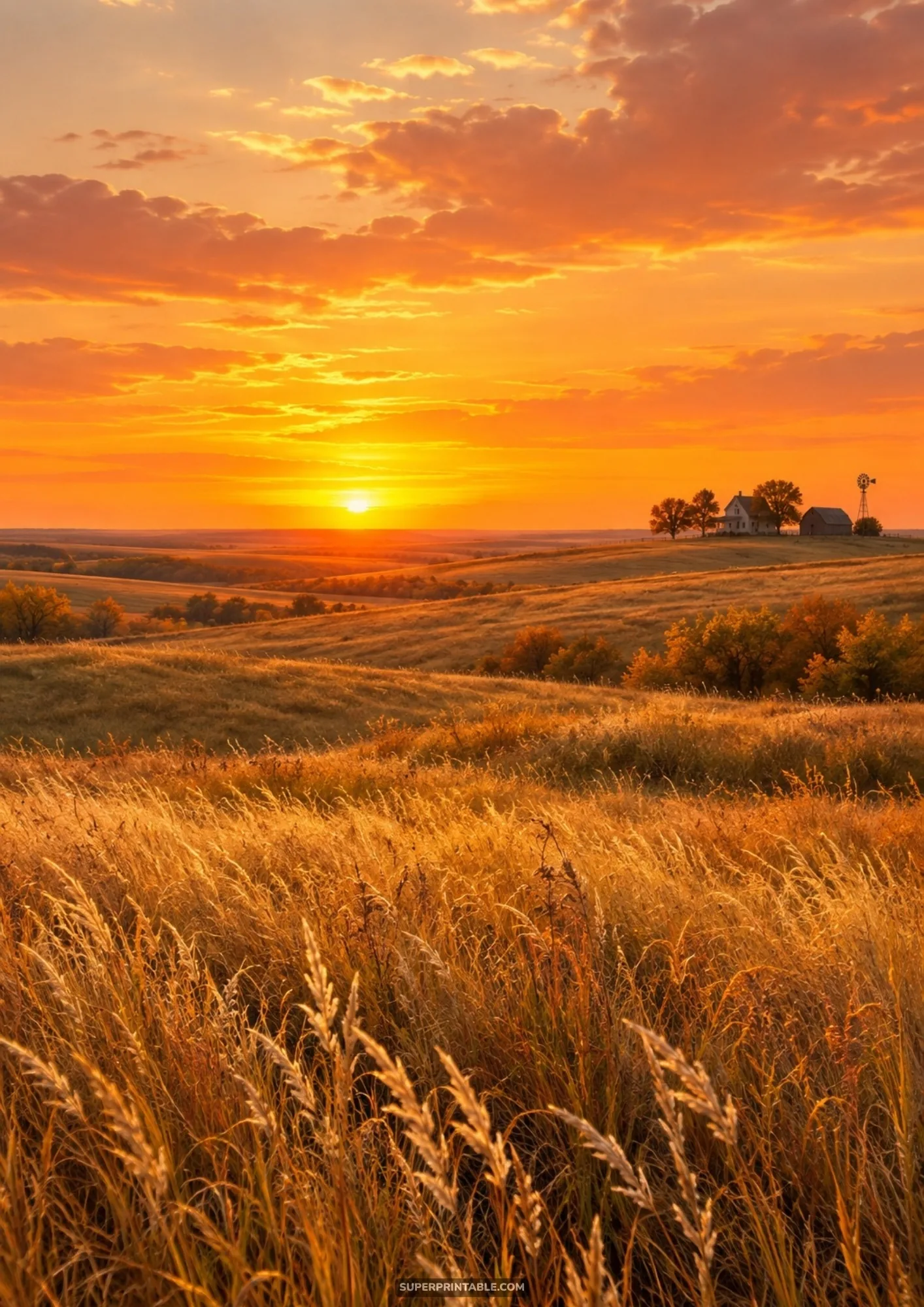 Golden prairie grasses under a vivid orange sunset with a distant rural farmhouse on rolling hills