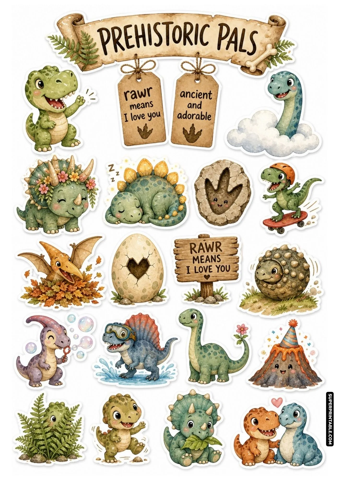 Adorable cute dinosaurs sticker sheets with playful prehistoric pals, flower crown triceratops, and baby dinos.
