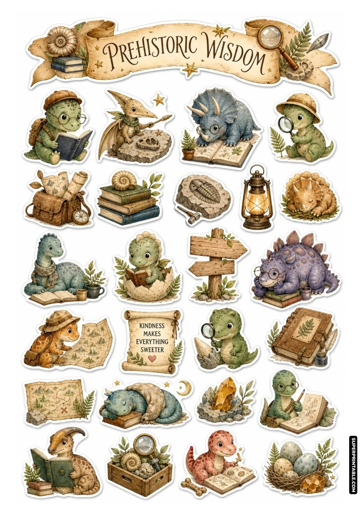 Prehistoric wisdom sticker sheet featuring studious dinosaurs reading books and holding compasses.