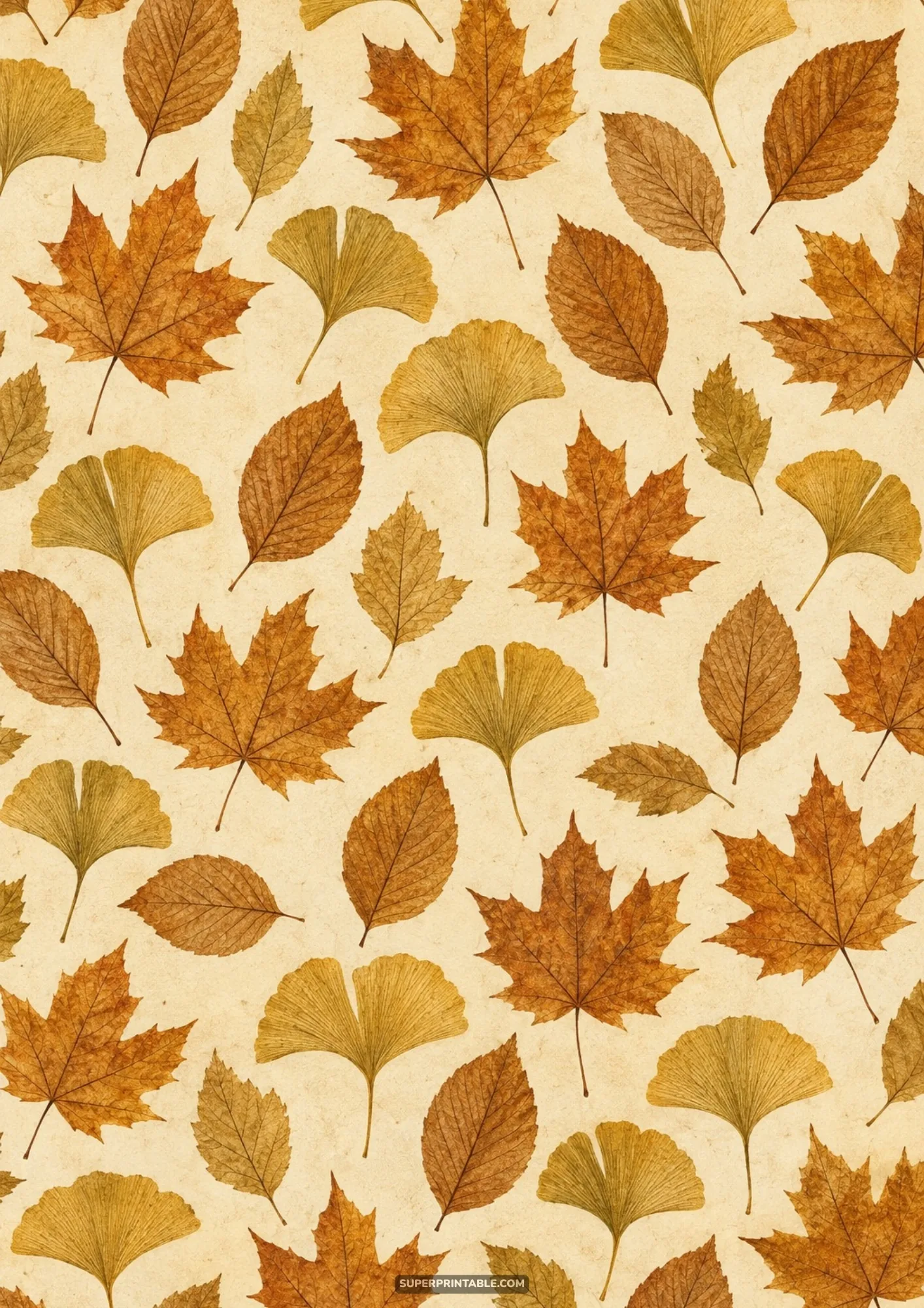 Pressed autumn maple and fan-shaped ginkgo biloba leaves arranged on aged cream parchment paper