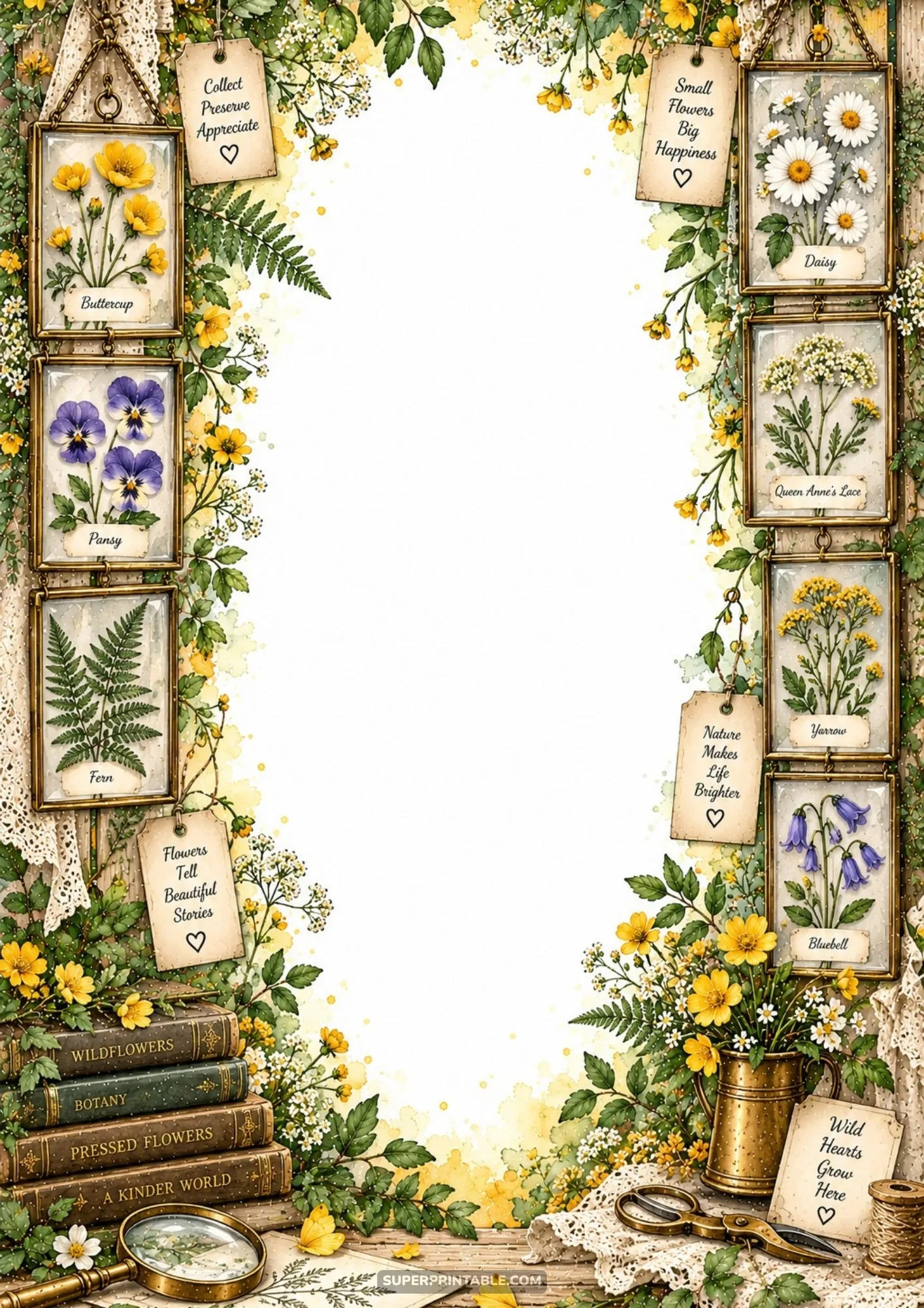 Pressed botanical specimens in vintage glass frames alongside antique herbarium books and brass shears