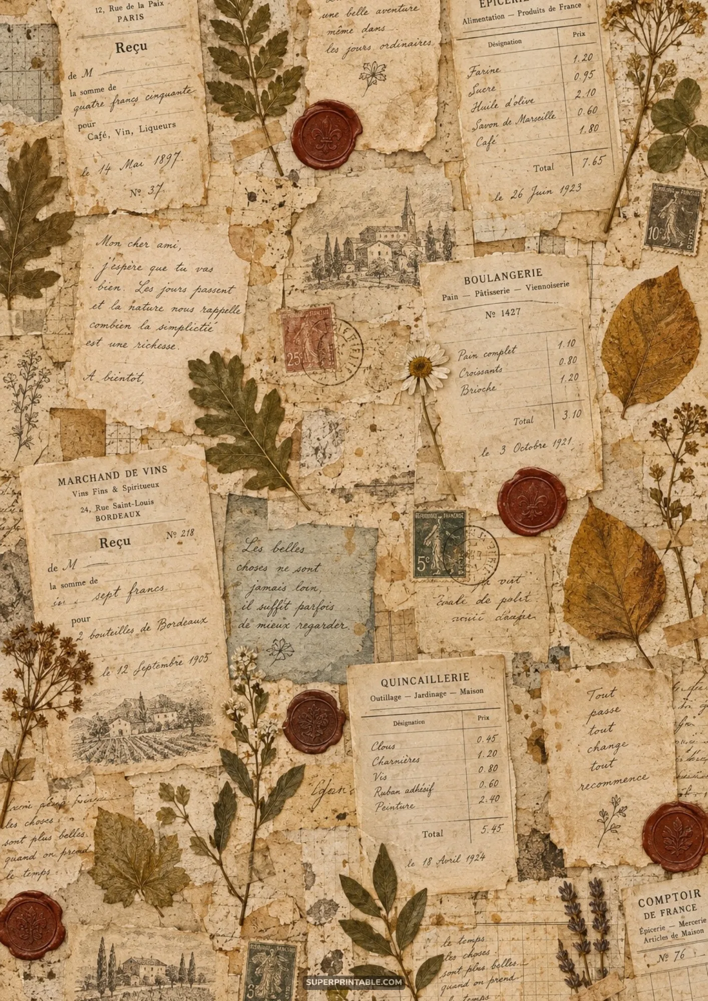 Torn French merchant receipts layered with pressed autumn leaves, daisy bloom, and red wax seals