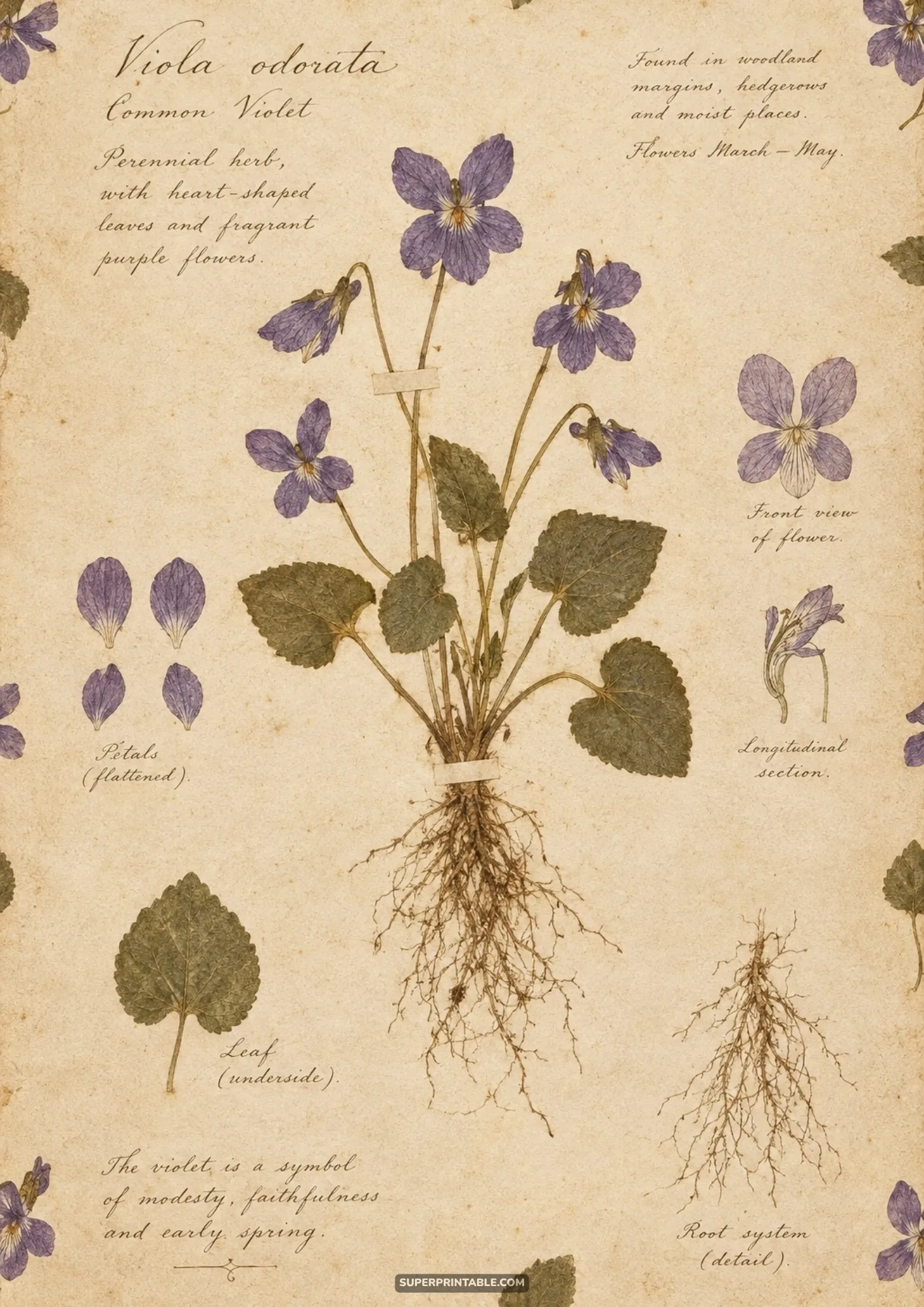 Mounted pressed sweet violet flower specimen with root system and calligraphic botanical labels