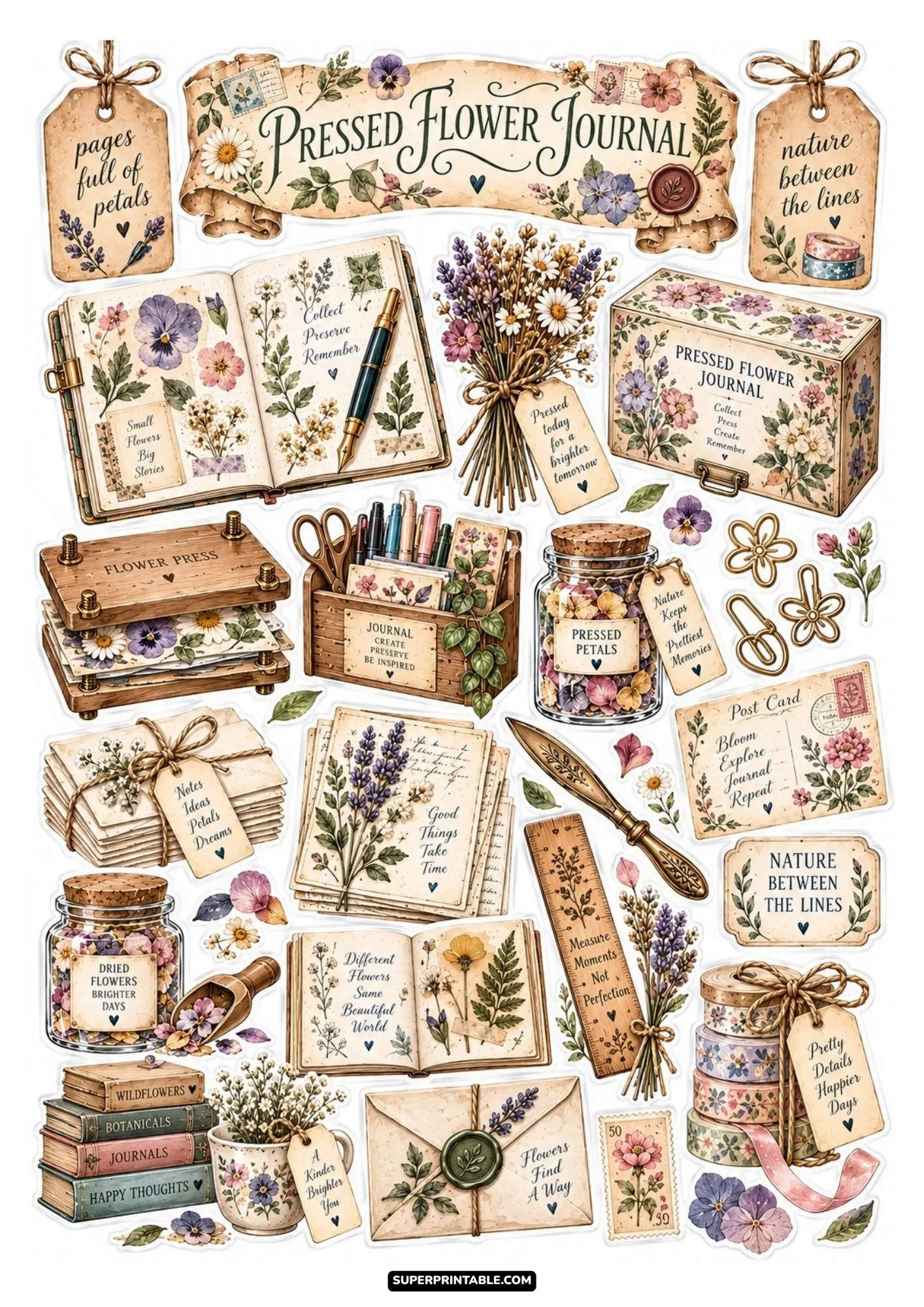 Pressed flower journal sticker sheet showing wooden flower presses, botanical specimens, and dried lavender.
