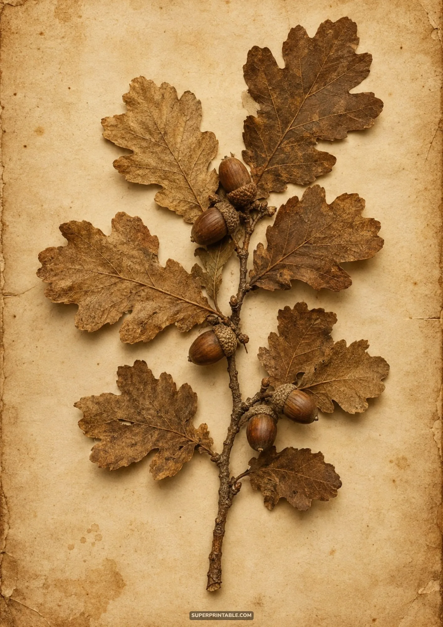 Pressed dried oak branch with brown autumn leaves and acorns on weathered vintage parchment