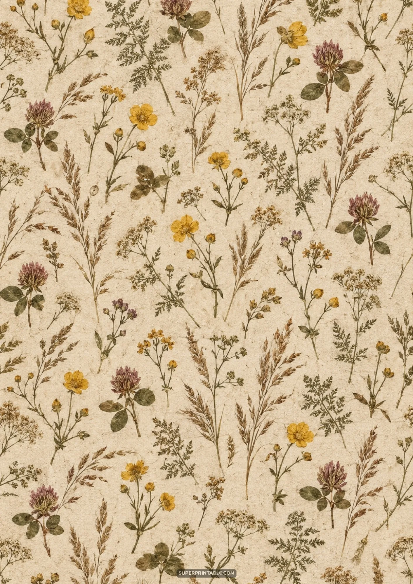 Pressed wildflower blossoms including yellow buttercups and purple clover on textured parchment