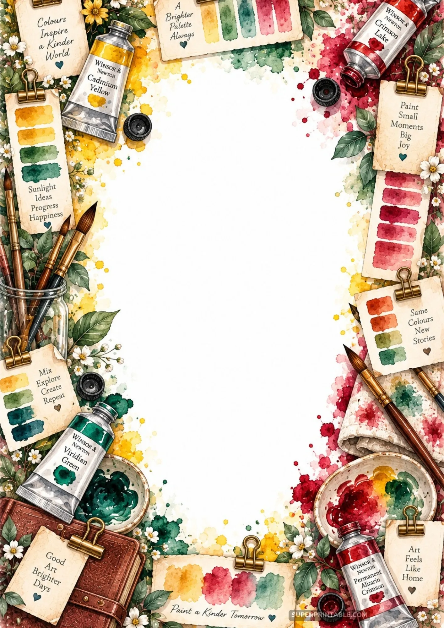 Crimson, yellow, and green watercolor paint tubes with clipped swatch cards around a blank writing page.