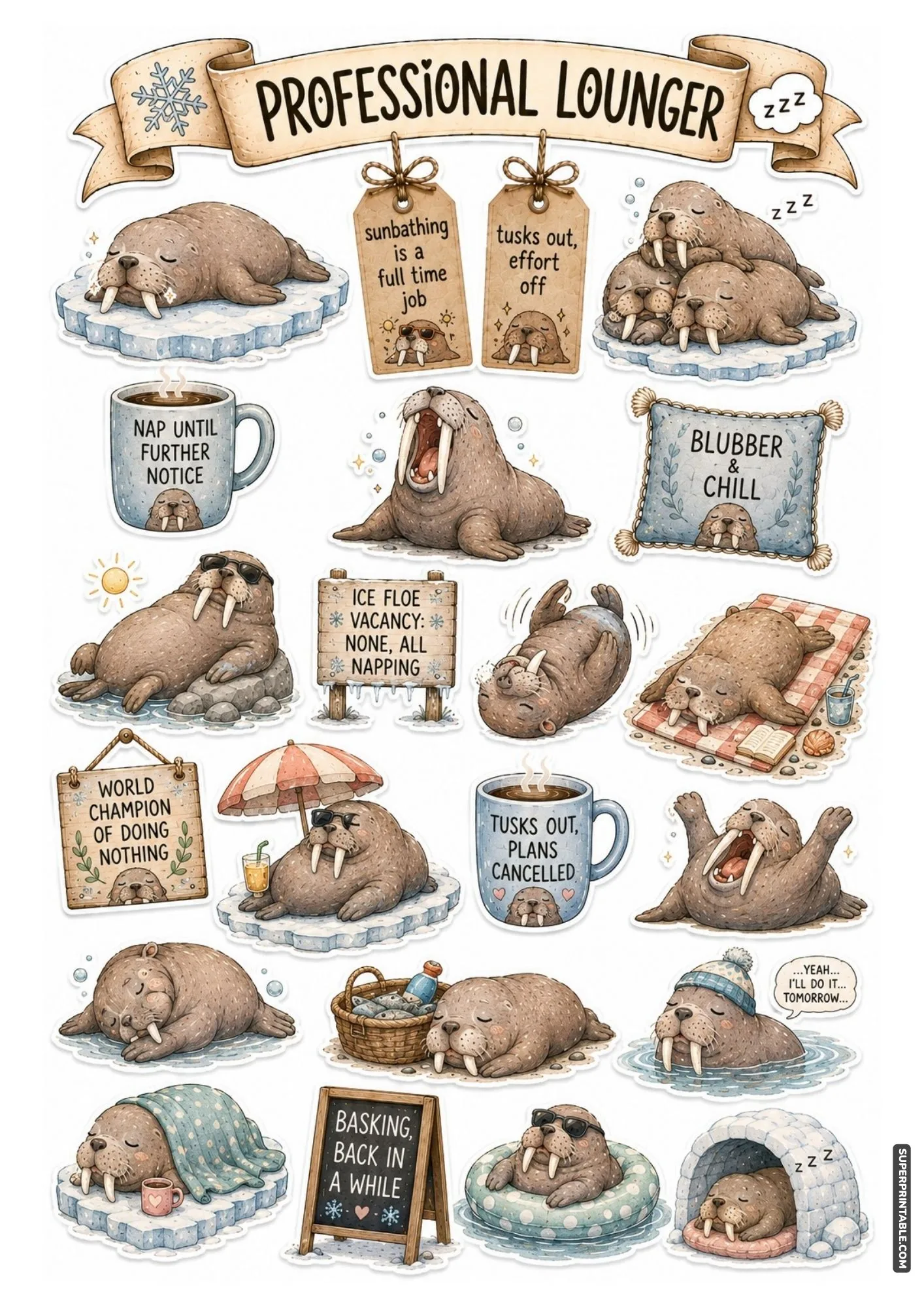 Cute walrus sticker sheet displaying chubby walruses lounging on ice floes and sunbathing on rocks.