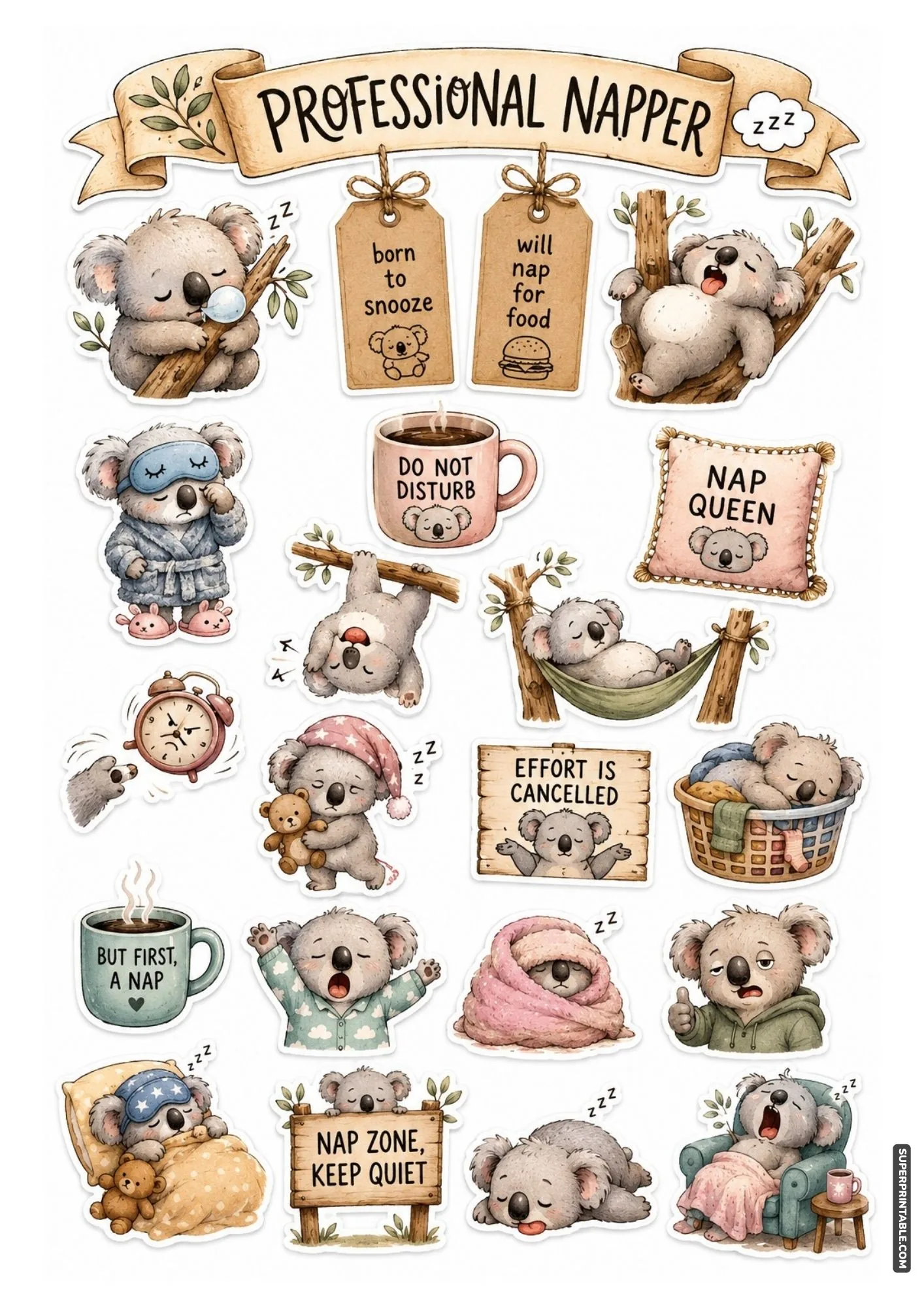 Sleepy koala bear sticker collection featuring cozy koalas resting in trees and wearing pajamas.