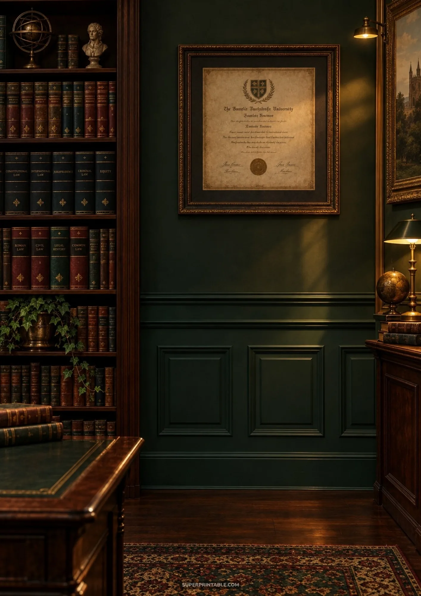 Distinguished academic study with forest green paneled walls, framed vintage diploma, and law library