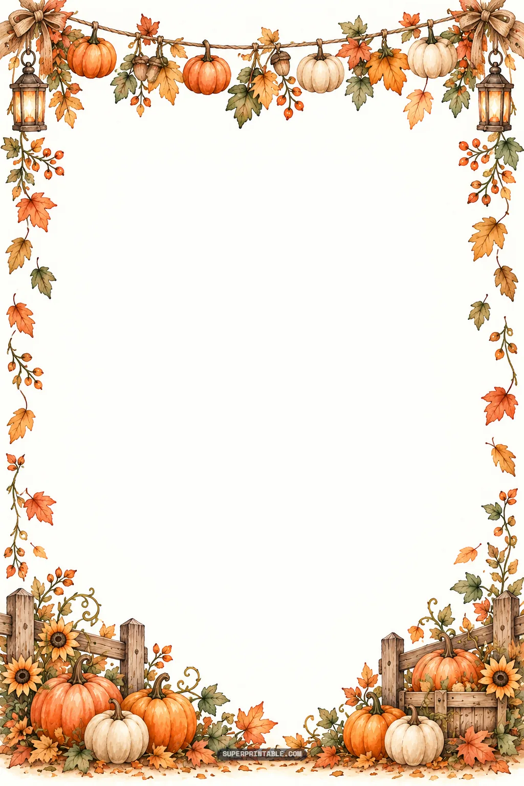 Autumn watercolor stationery border featuring a hanging garland of pumpkins, acorns, and twin lanterns.