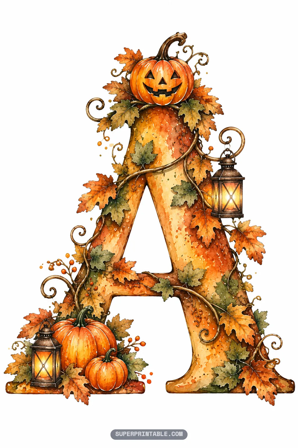 Pumpkin patch alphabet letters letter A with smiling jack-o-lantern, fall leaves, and glowing lanterns
