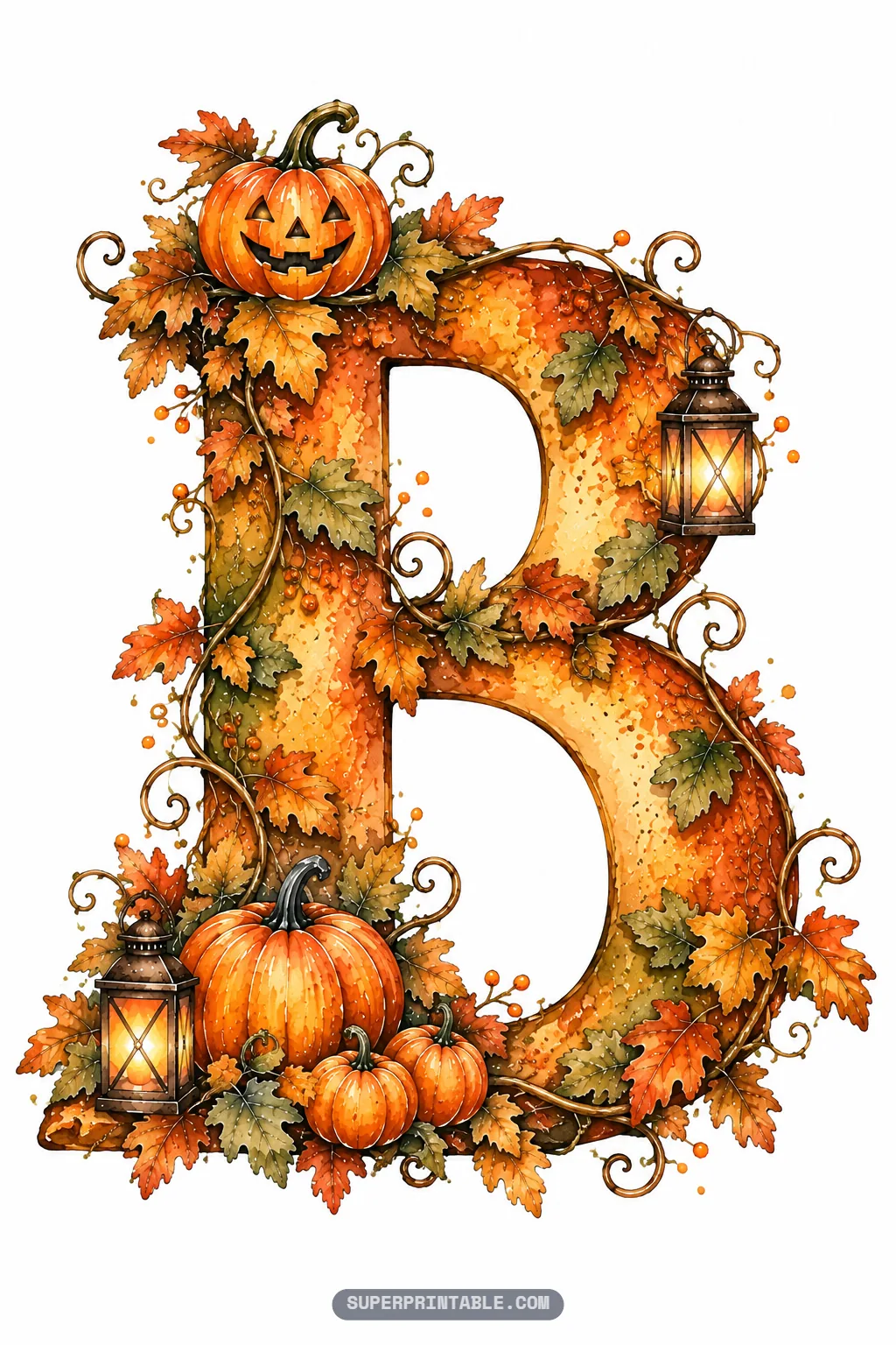 Pumpkin patch alphabet letters letter B decorated with autumn foliage, glowing lanterns, and mini pumpkins